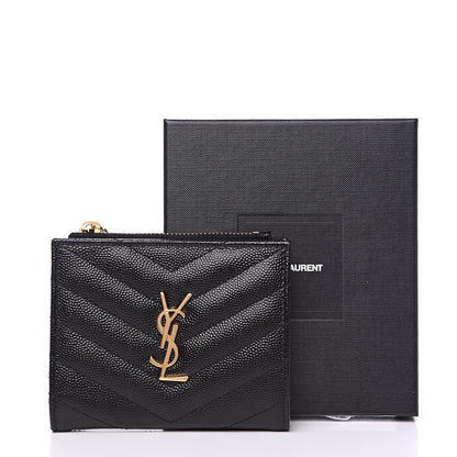 Saint Laurent Grain De Poudre Matelasse Chevron Monogram Zipped Card Case Black 7 of 7