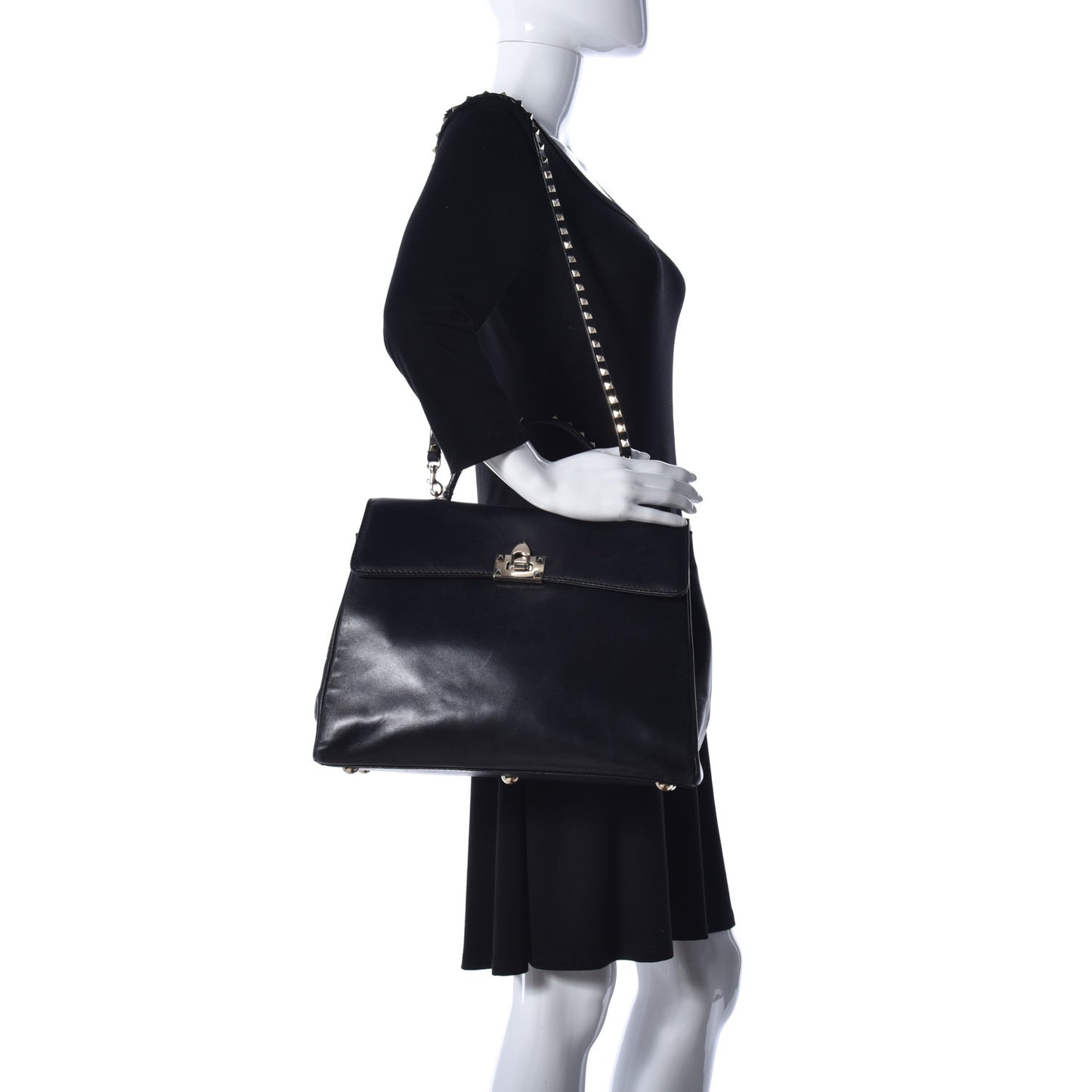 Vitello Large Rockstud Single Handle Flap Satchel Black