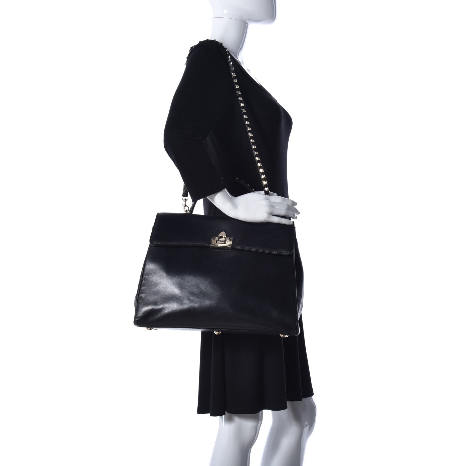 Valentino Garavani Vitello Large Rockstud Single Handle Flap Satchel Black 2 of 12