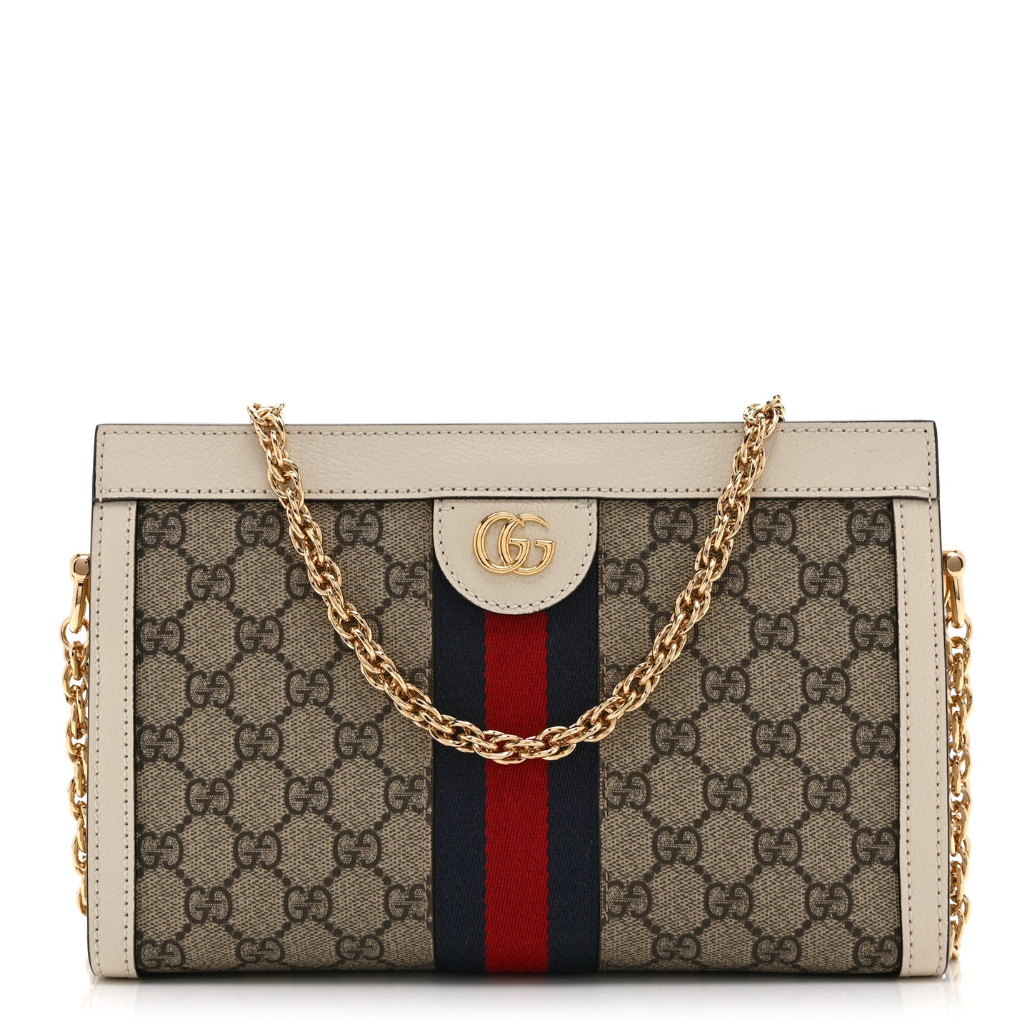 GG Supreme Monogram Textured Calfskin Web Small Ophidia Chain Shoulder Bag Beige Ebony Mystic White