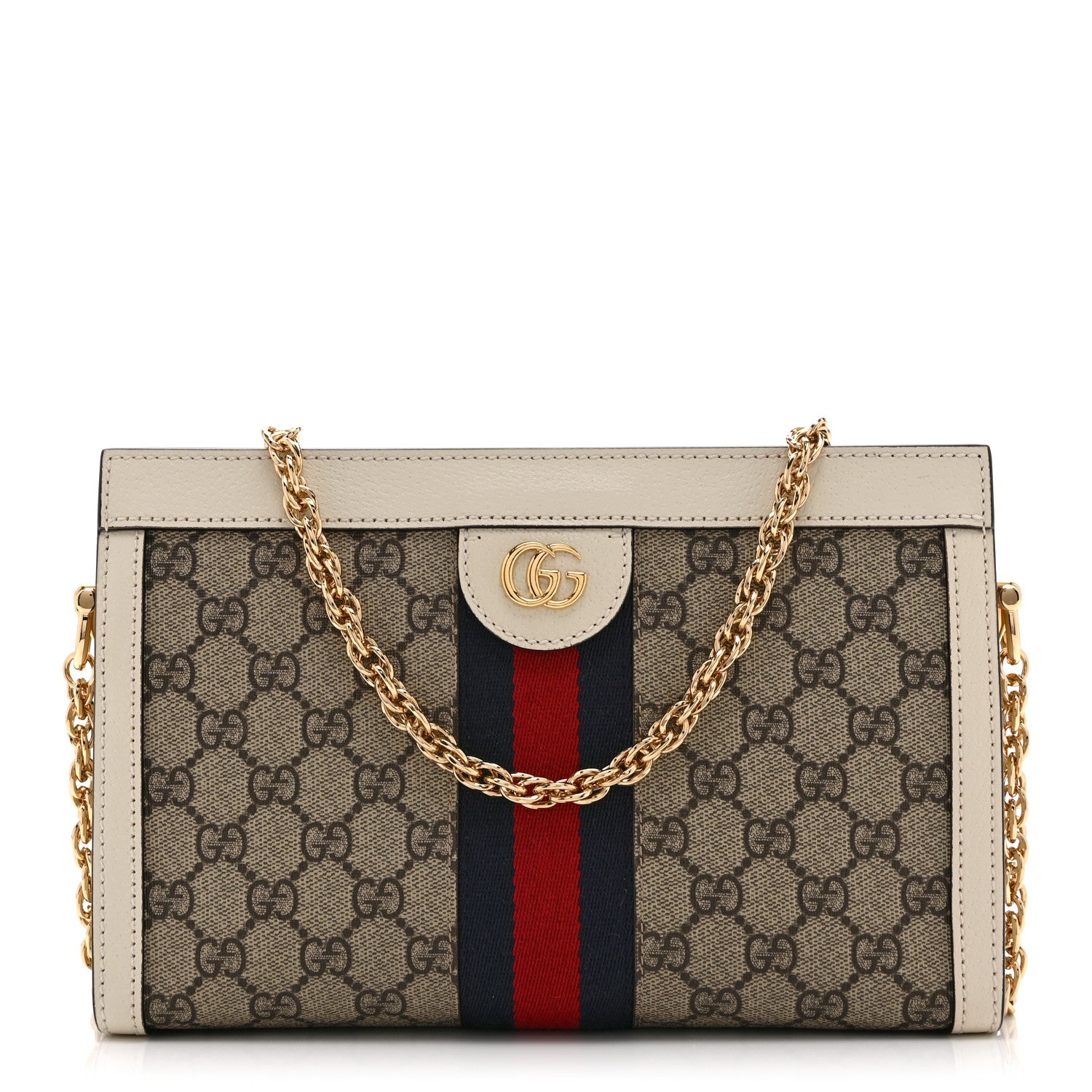 Gucci GG Supreme Monogram Textured Calfskin Web Small Ophidia Chain Shoulder Bag Beige Ebony Mystic White 1 of 11