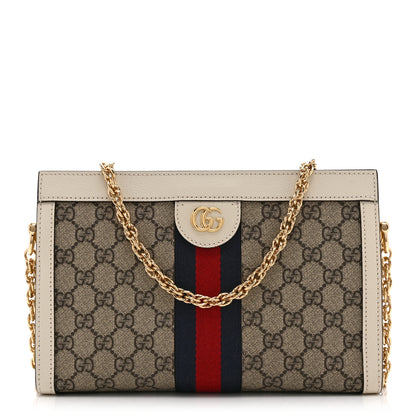 Gucci GG Supreme Monogram Textured Calfskin Web Small Ophidia Chain Shoulder Bag Beige Ebony Mystic White 1 of 11