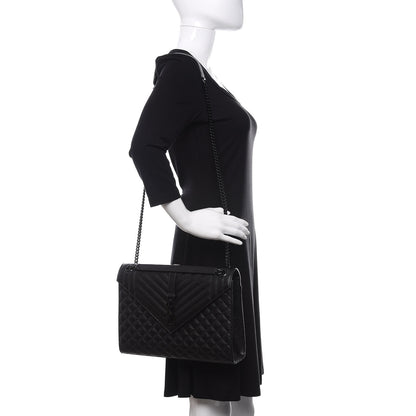 Saint Laurent Grain De Poudre Textured Mixed Matelasse Large Triquilt Monogram Monochrome Satchel Black 2 of 9