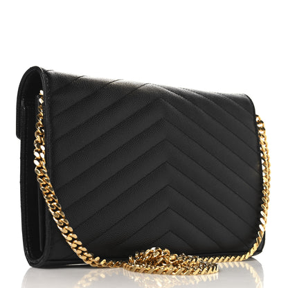 Saint Laurent Grain De Poudre Matelasse Chevron Monogram Chain Wallet Black 2 of 10
