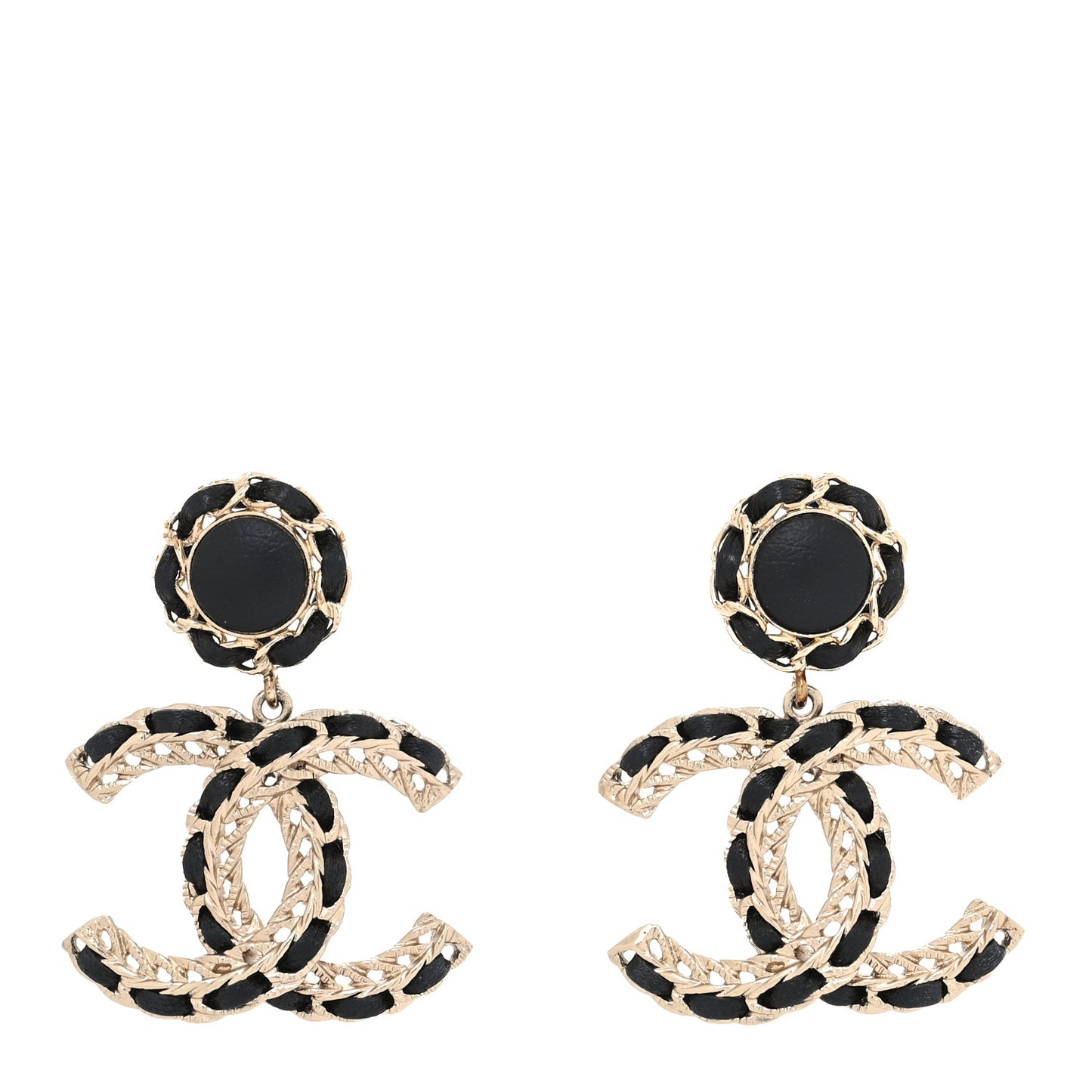 Lambskin CC Chain Drop Earrings Black Gold