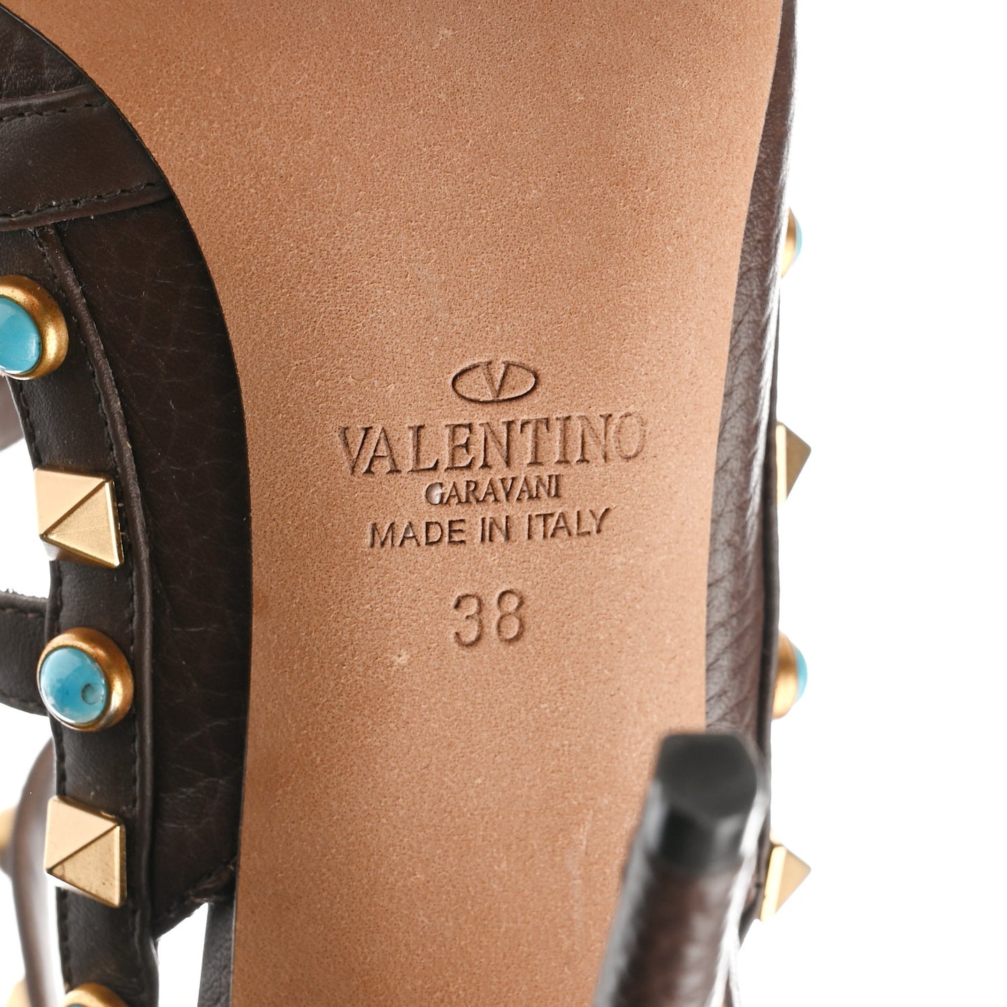 Pebbled Calfskin Turquoise Rockstud Rolling Ankle Strap 100mm Pumps 38 Cacao