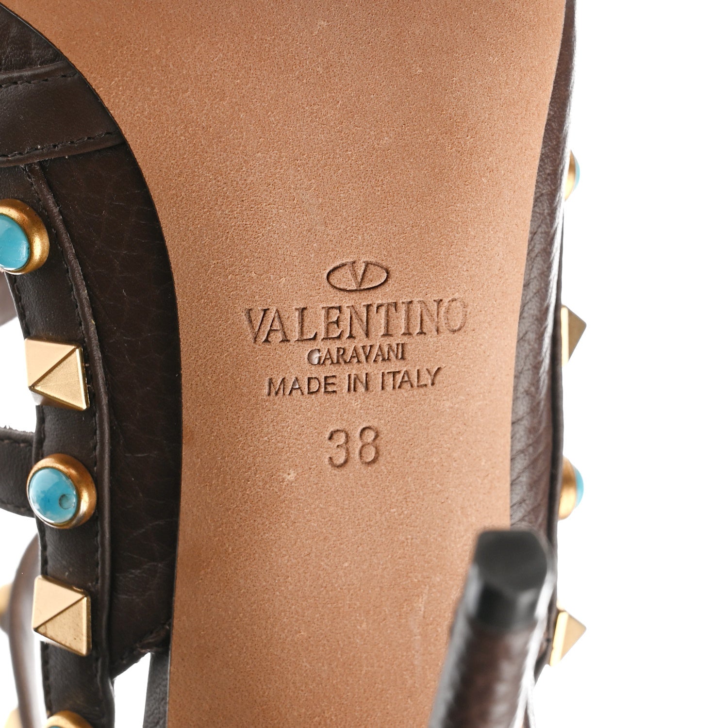 Valentino Garavani Pebbled Calfskin Turquoise Rockstud Rolling Ankle Strap 100mm Pumps 38 Cacao 7 of 10