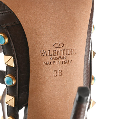 Valentino Garavani Pebbled Calfskin Turquoise Rockstud Rolling Ankle Strap 100mm Pumps 38 Cacao 7 of 10