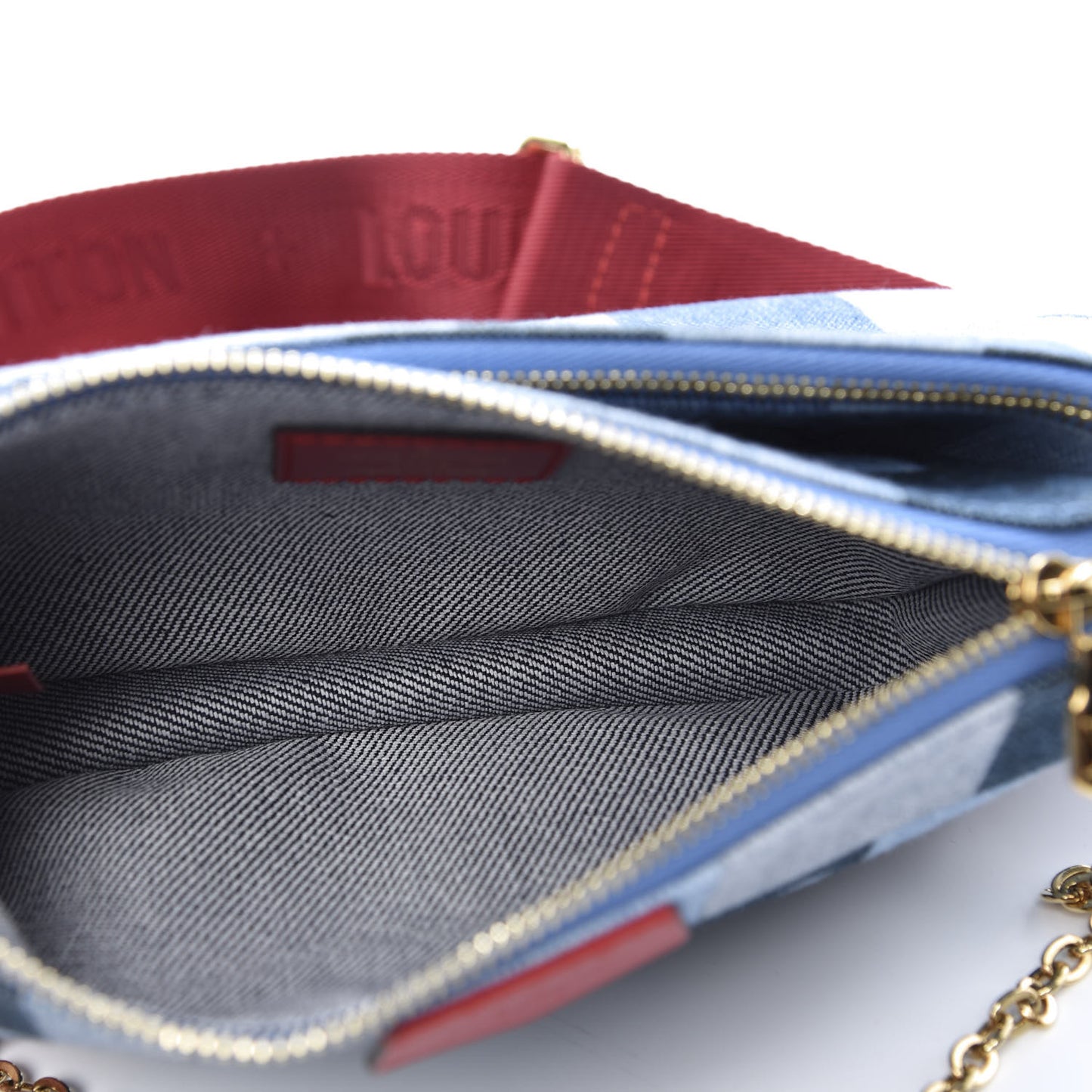 Denim Damier Monogram Patchwork Multi Pochette Accessories Blue Rouge