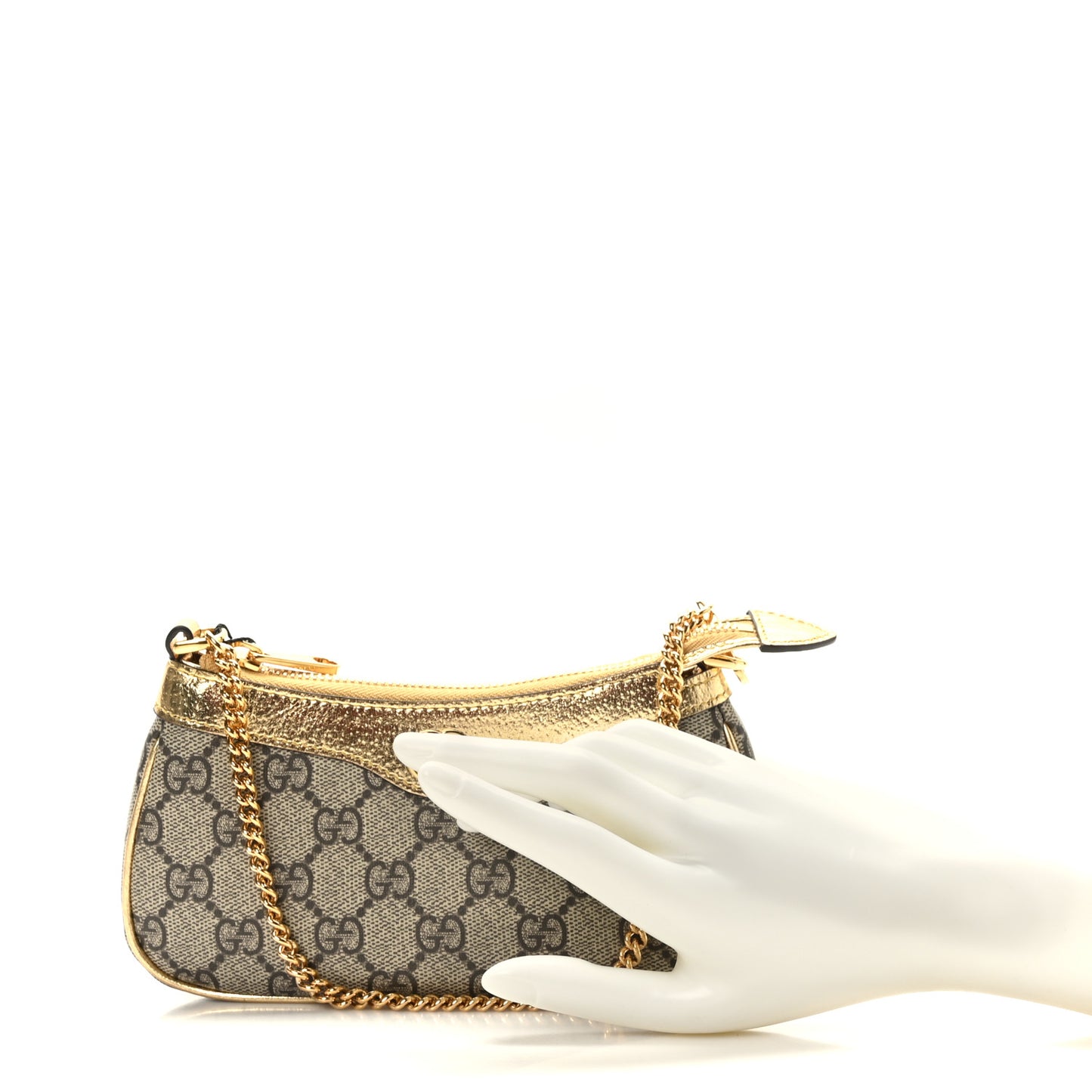 GG Supreme Monogram Lame Textured Dollar Calfskin Mini Ophidia Chain Bag Beige Ebony Gold