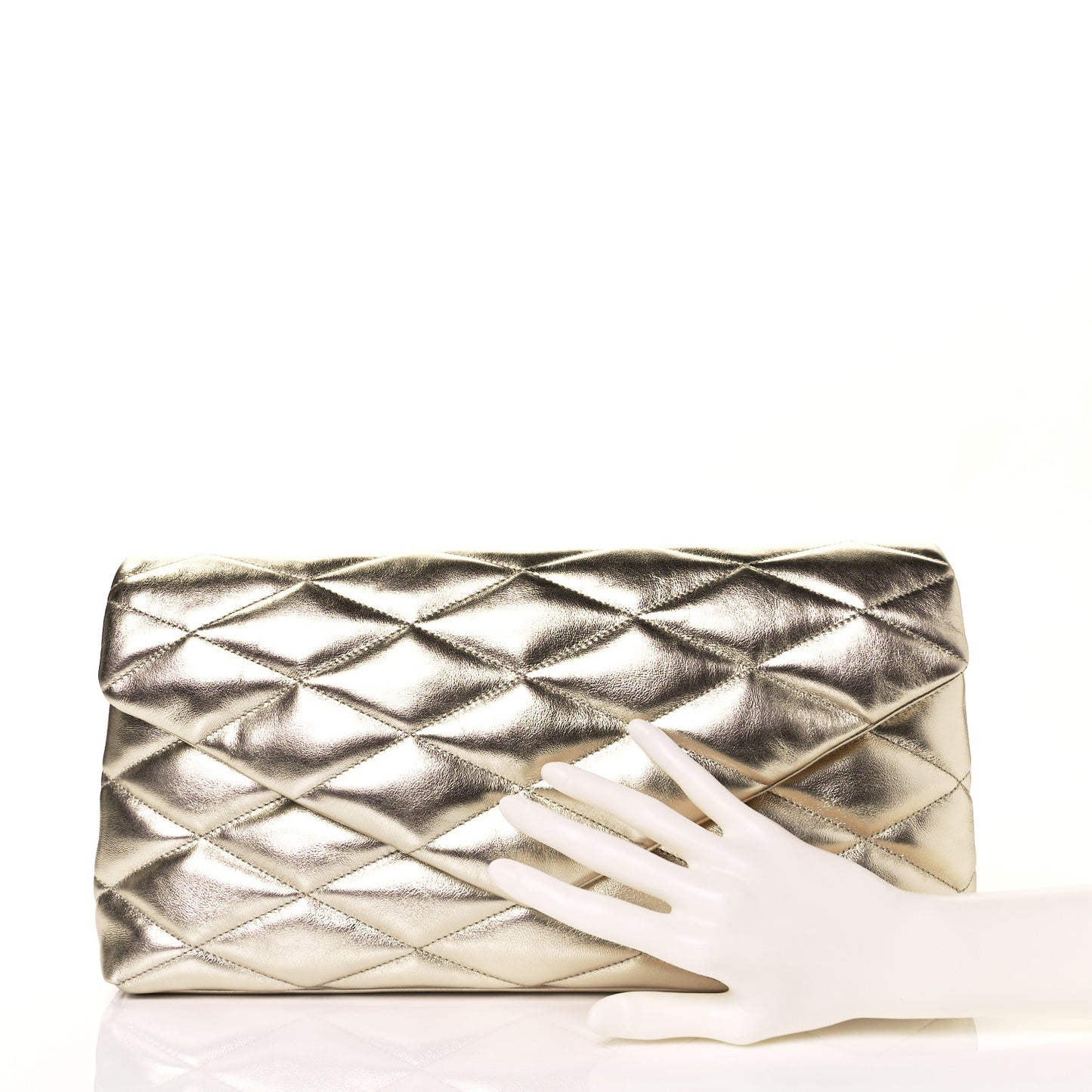 Metallic Lambskin Quilted Sade Puffer Envelope Clutch Platino