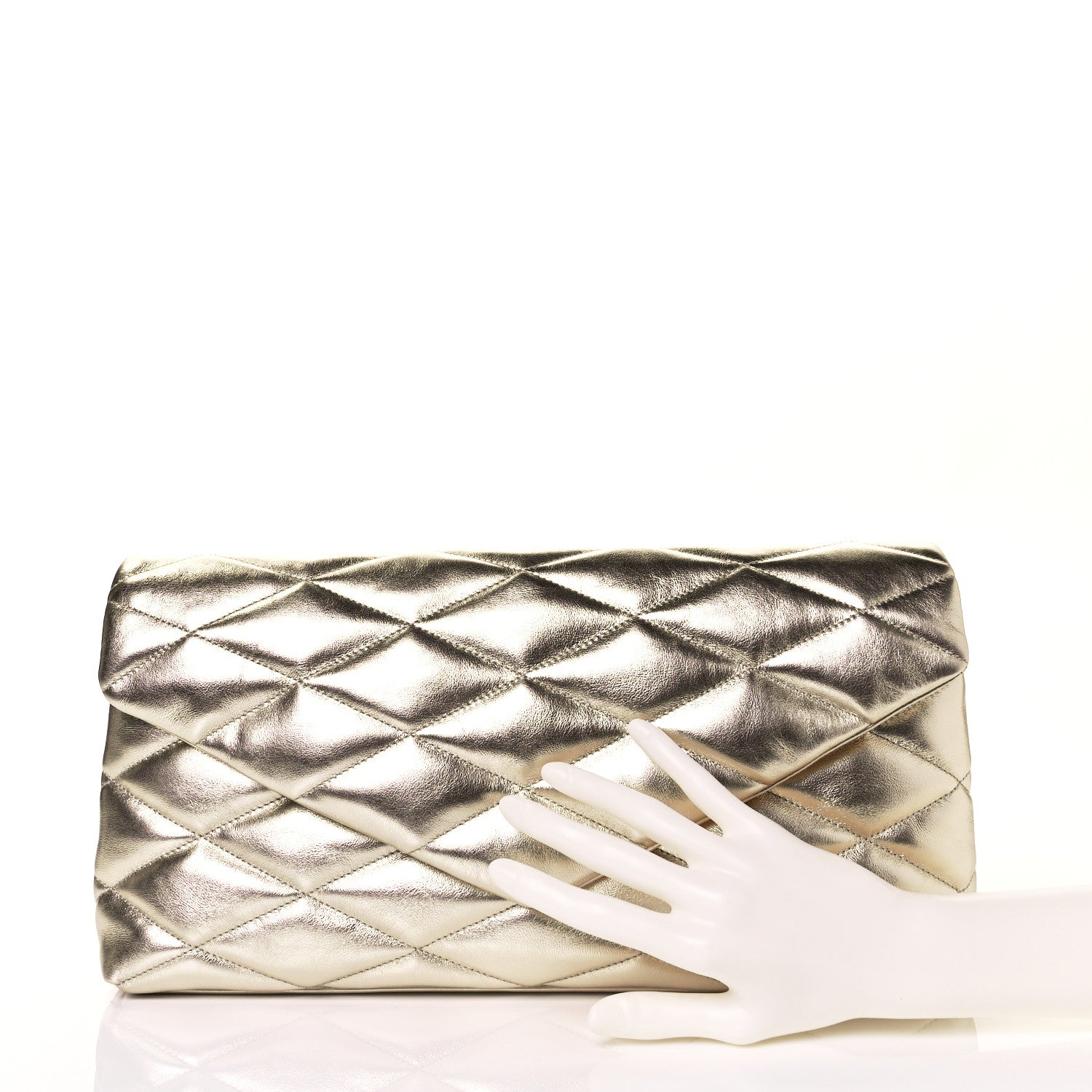 Saint Laurent Metallic Lambskin Quilted Sade Puffer Envelope Clutch Platino 2 of 10