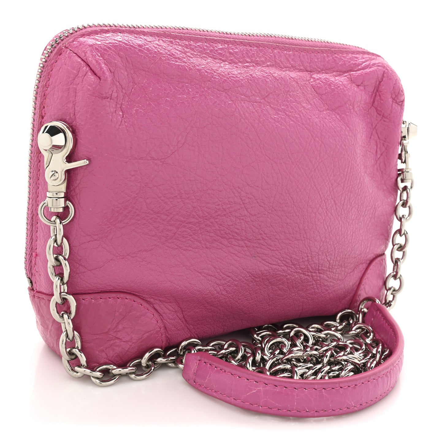 Agneau Arena Classic Silver Hardware Pouch With A Chain Crossbody Rose Flamingo