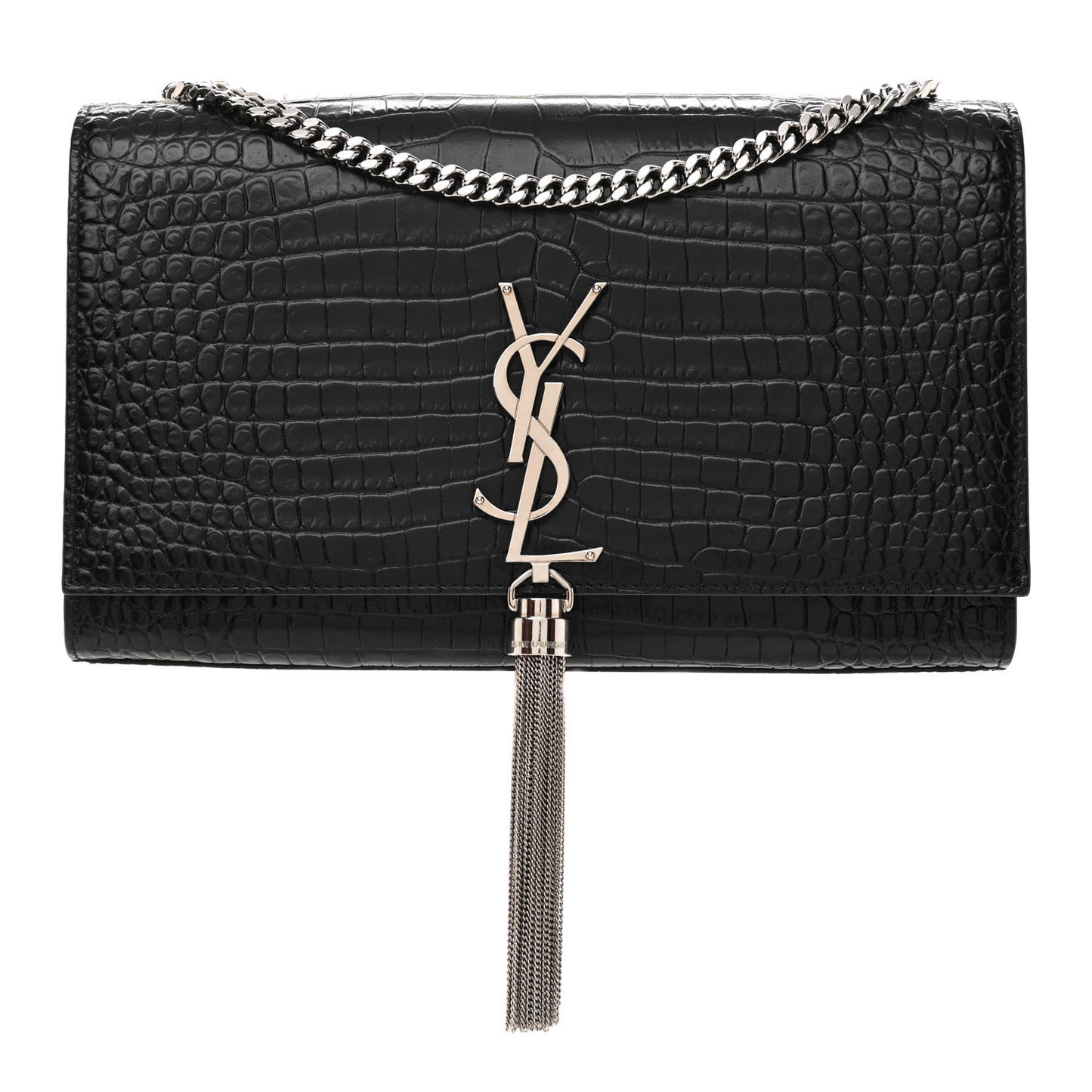 Calfskin Crocodile Embossed Medium Classic Monogram Kate Tassel Satchel Black