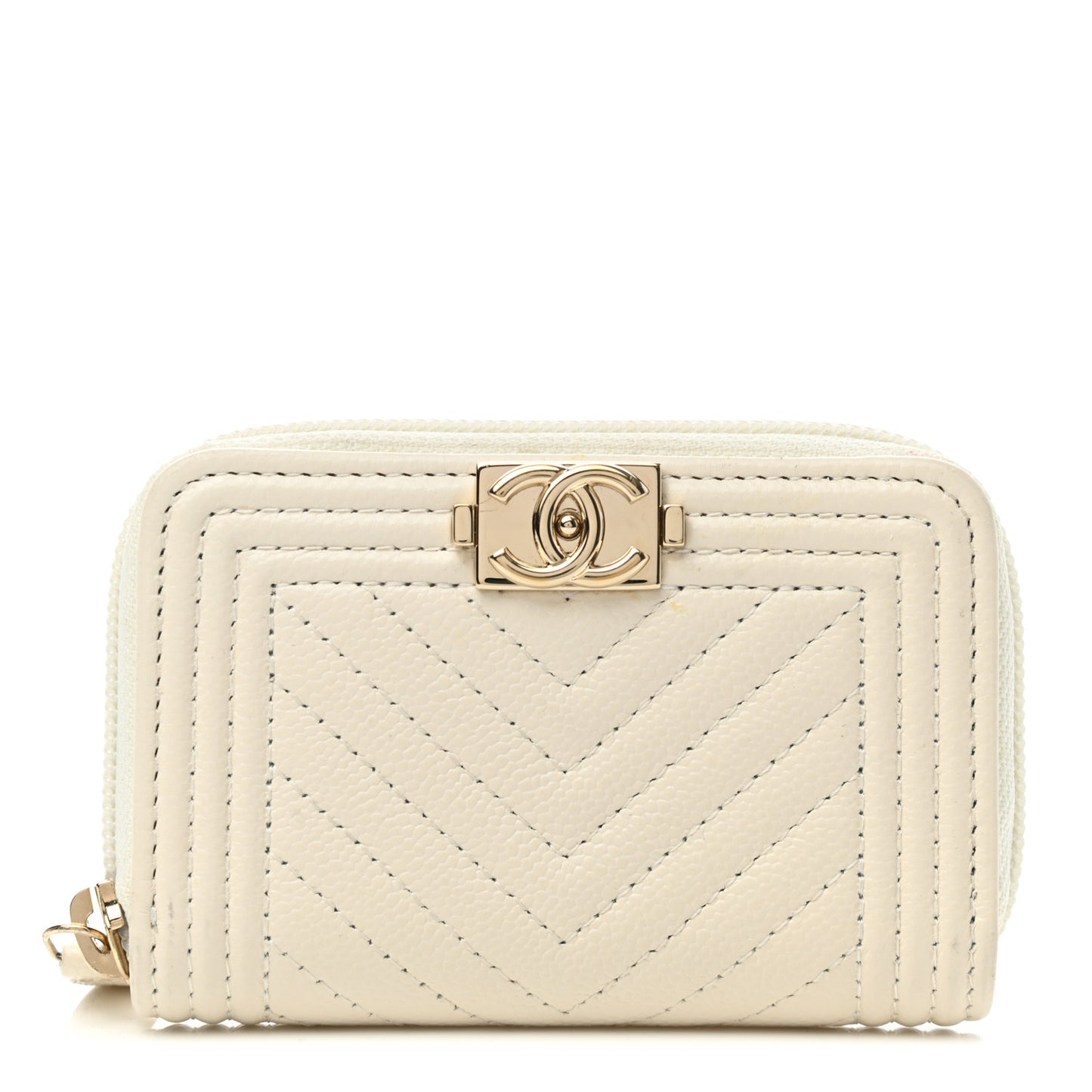 Caviar Chevron Quilted Boy Zip Around Coin Purse Wallet White