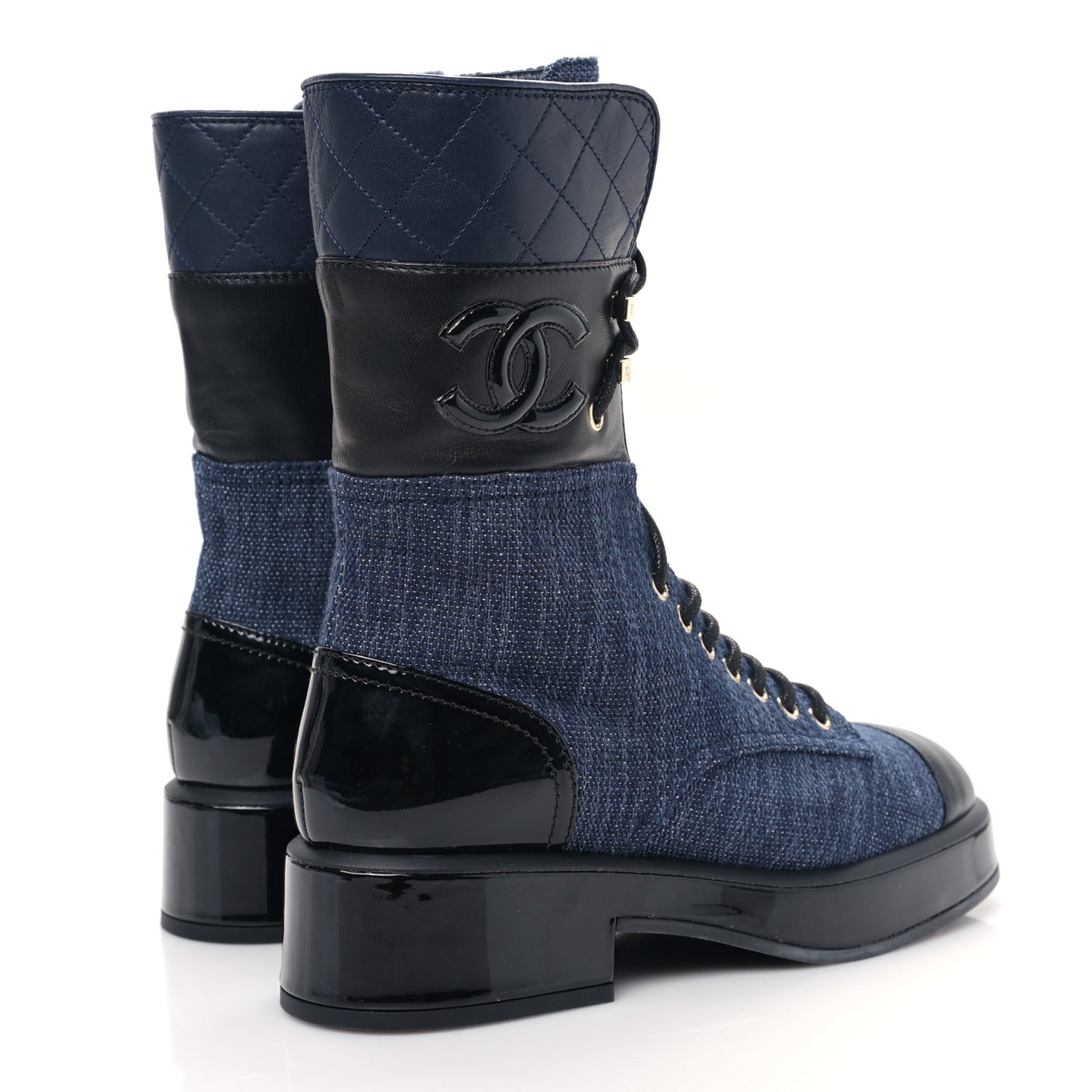 Denim Patent Lambskin Quilted CC Lace Up Combat Boots 36.5 Blue Black