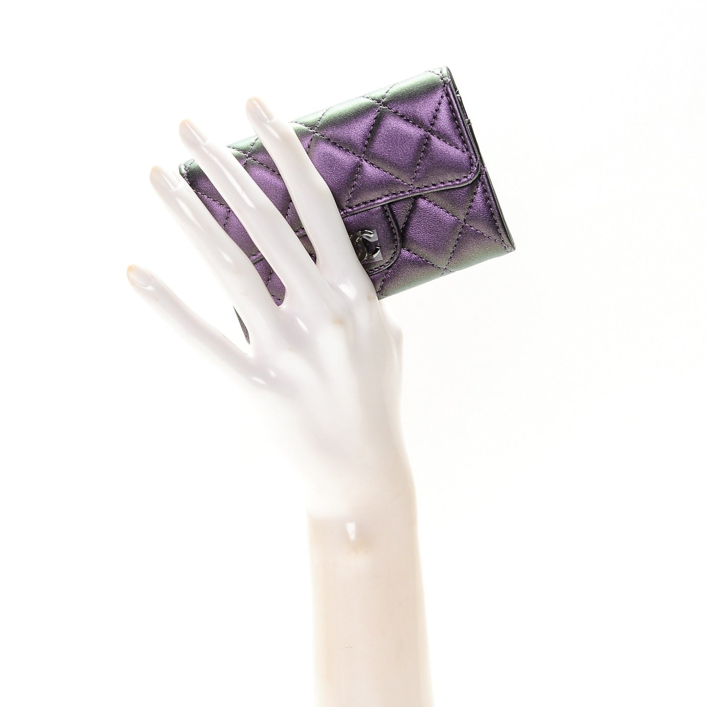 Metallic Lambskin Quilted Flap Card Holder Dark Purple