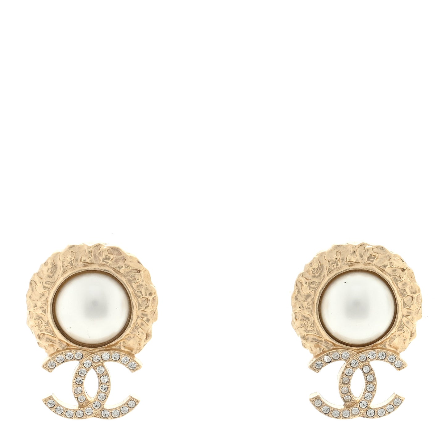 Crystal Pearl Textured CC Round Drop Earrings Gold