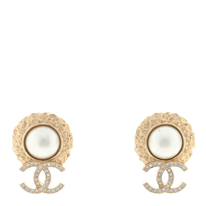 Chanel Crystal Pearl Textured CC Round Drop Earrings Gold 1 of 4