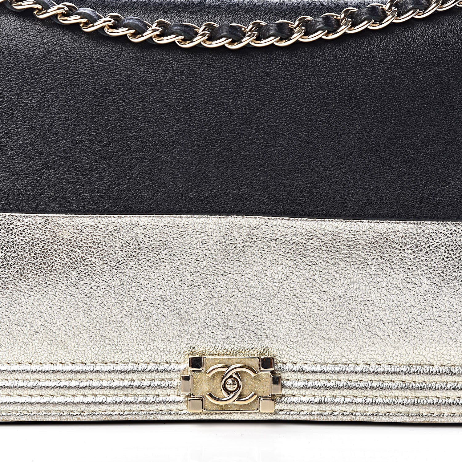 Chanel Metallic Goatskin Lambskin Boy Wallet on Chain WOC Black Gold 11 of 13