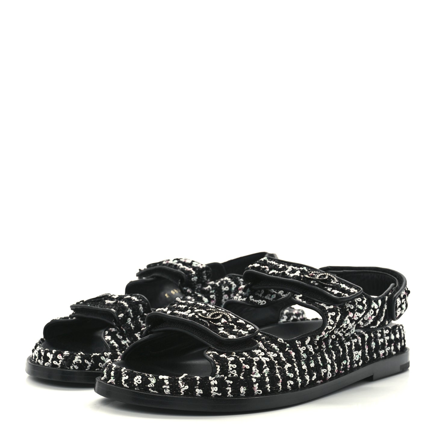 Tweed Lambskin Dad Sandals 38.5 Black White