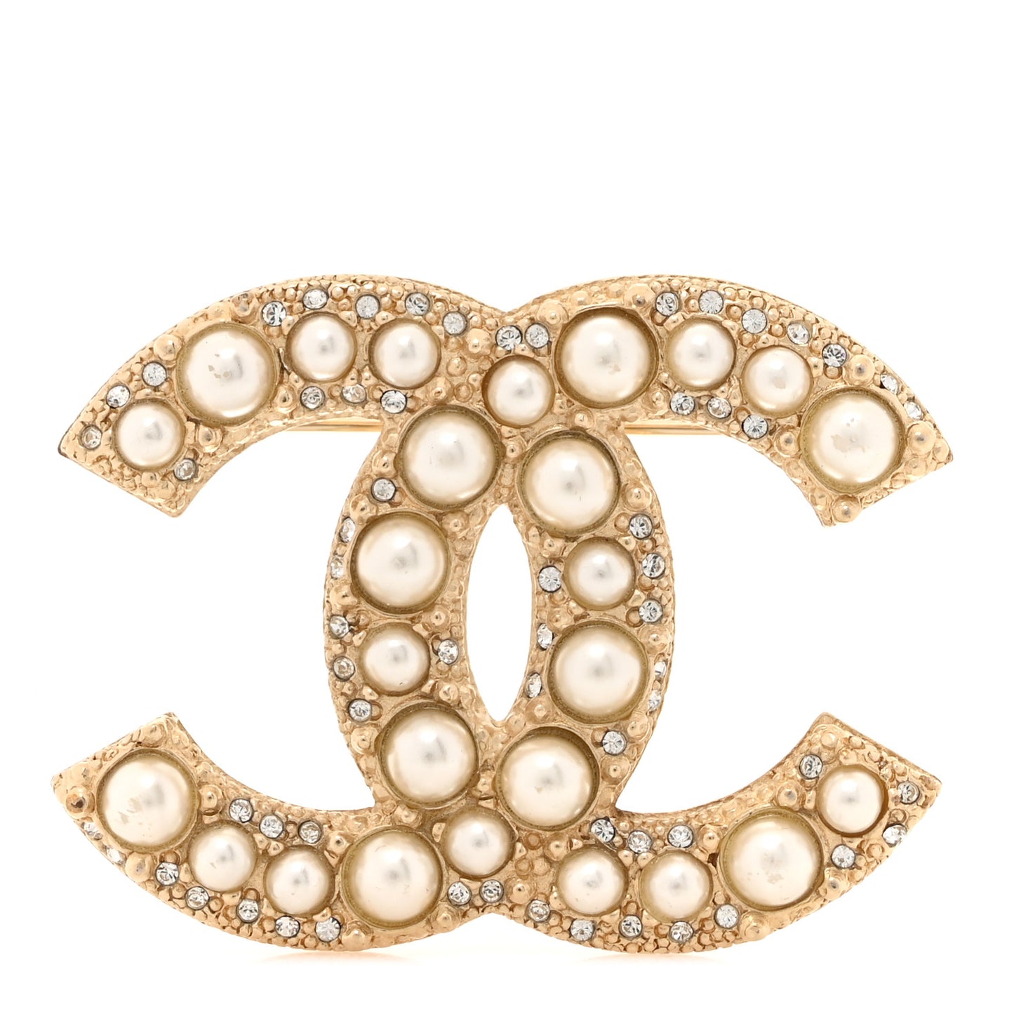 Metal Crystal Graduated Pearl CC Brooch Gold