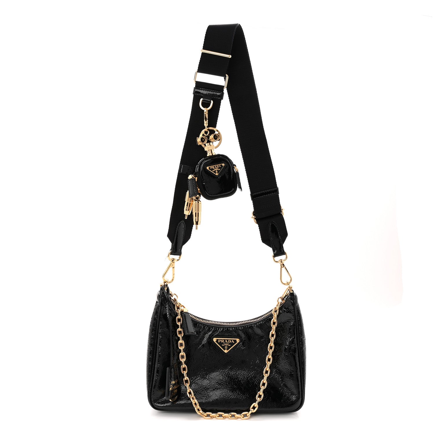 Prada Patent Naplak Re-Edition 2005 Shoulder Bag With Charm Black 1 of 12
