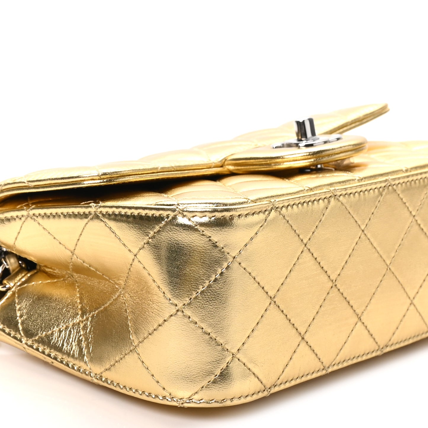 Metallic Lambskin Quilted Mini Rectangular Pearl Crush Flap  Gold