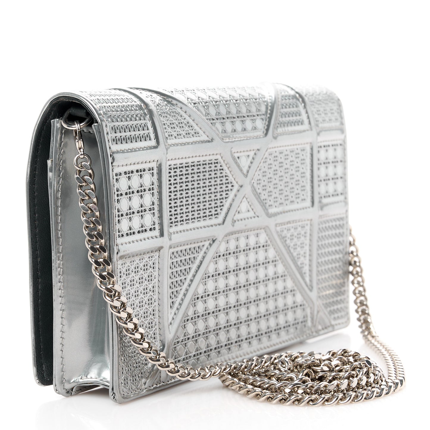 Metallic Patent Micro-Cannage Diorama Wallet on Chain Pouch Silver