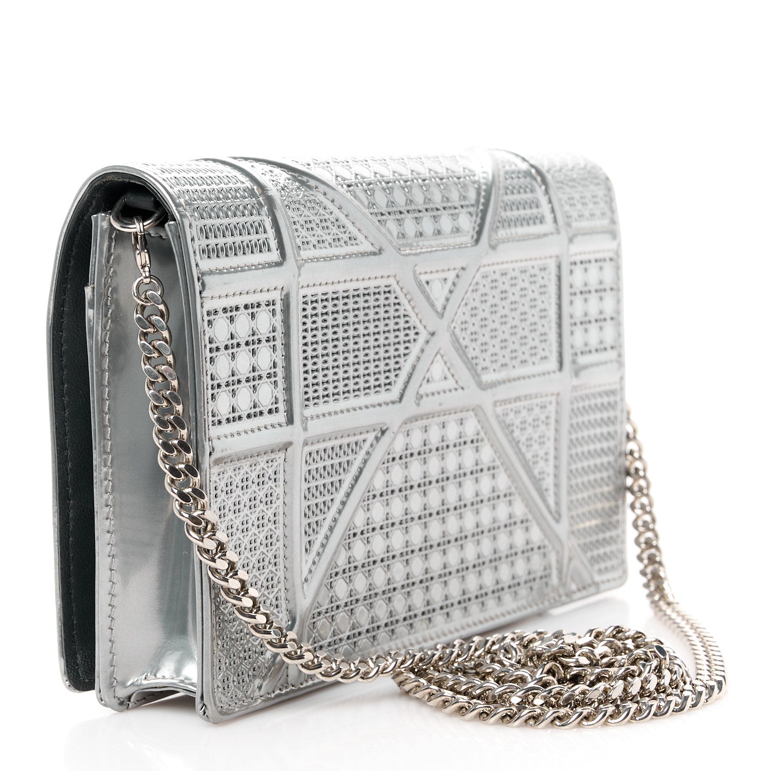 Christian Dior Metallic Patent Micro-Cannage Diorama Wallet on Chain Pouch Silver 3 of 11