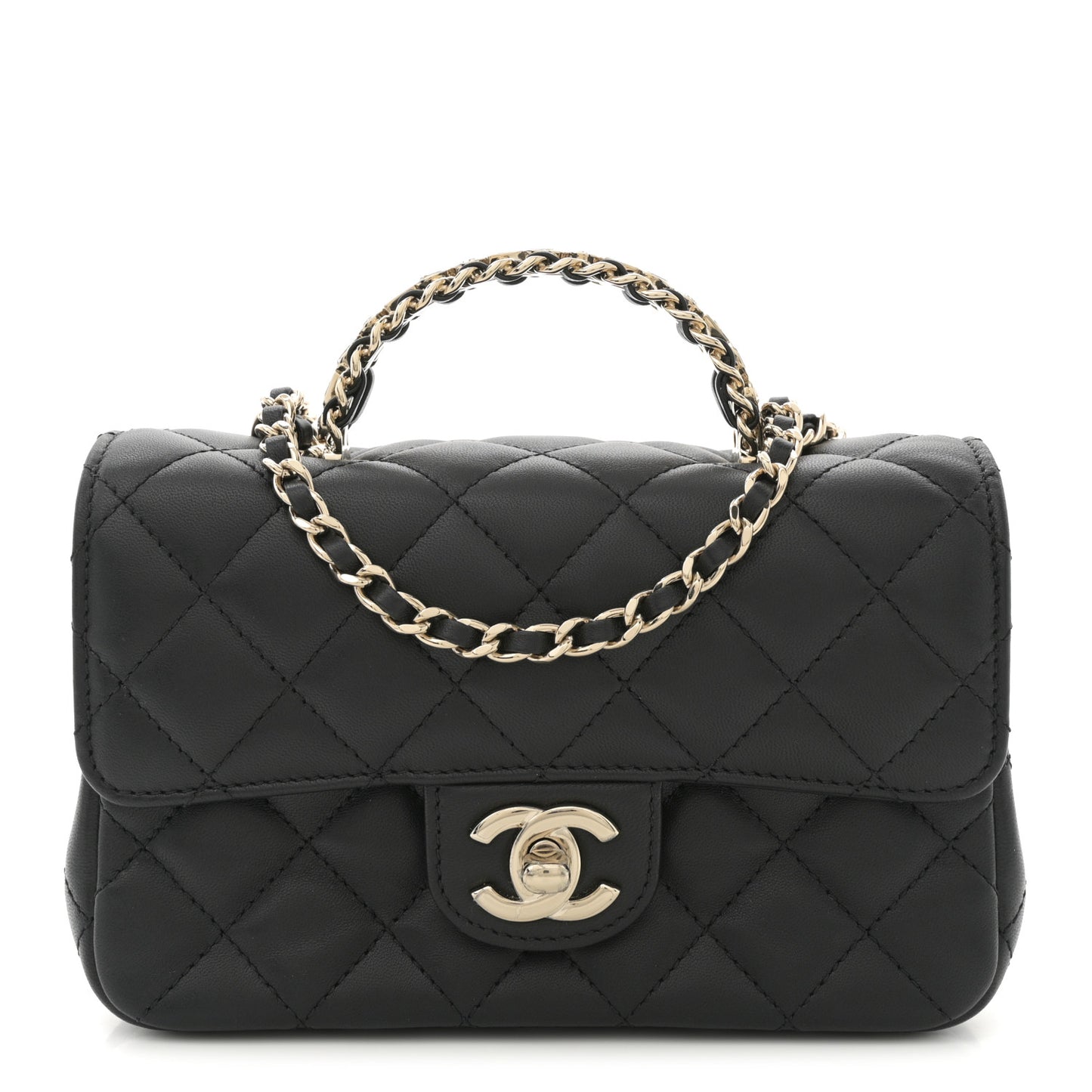 Lambskin Quilted Mini Crystal Top Handle Rectangular Flap Black
