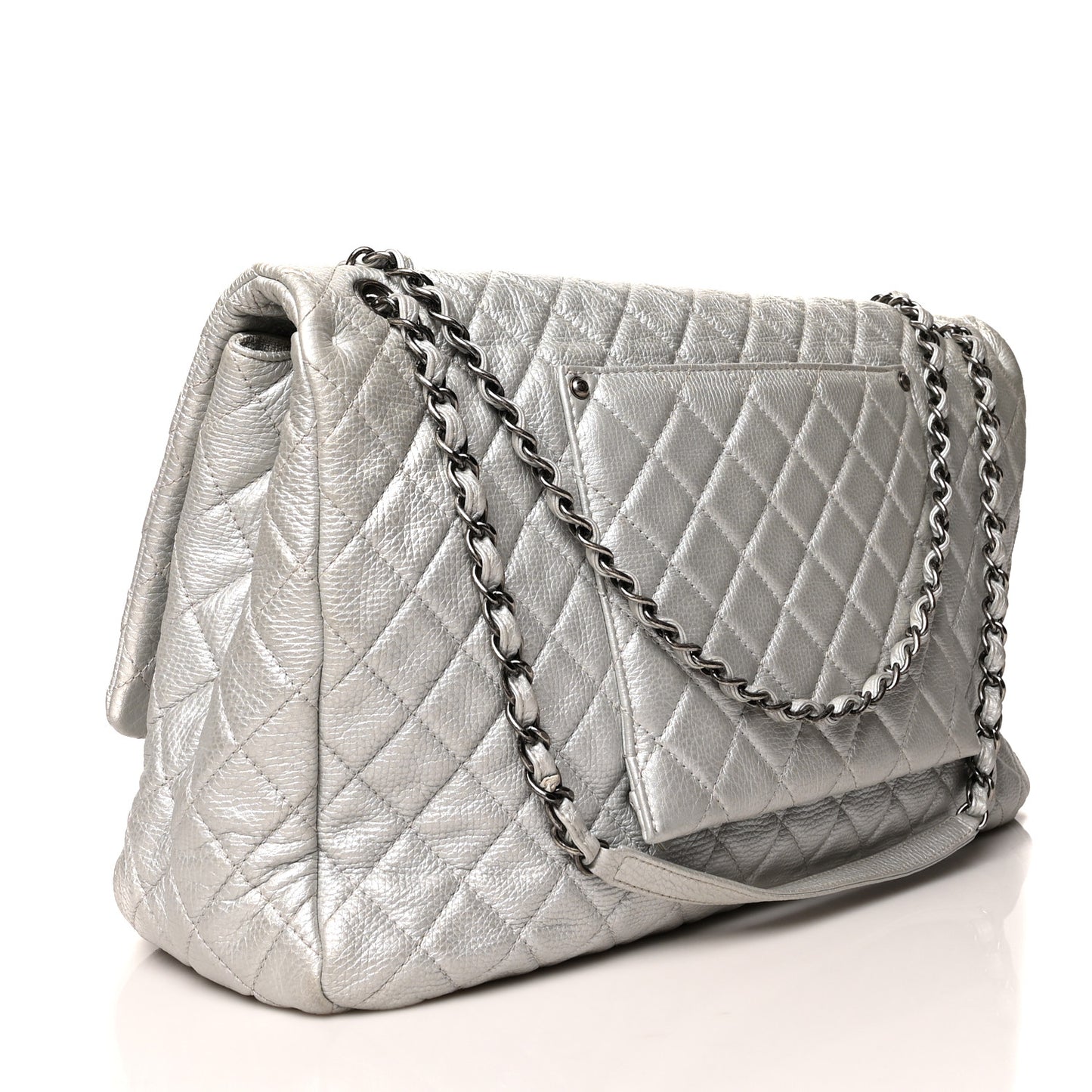 Metallic Calfskin Quilted XXL Travel Flap Bag Silver
