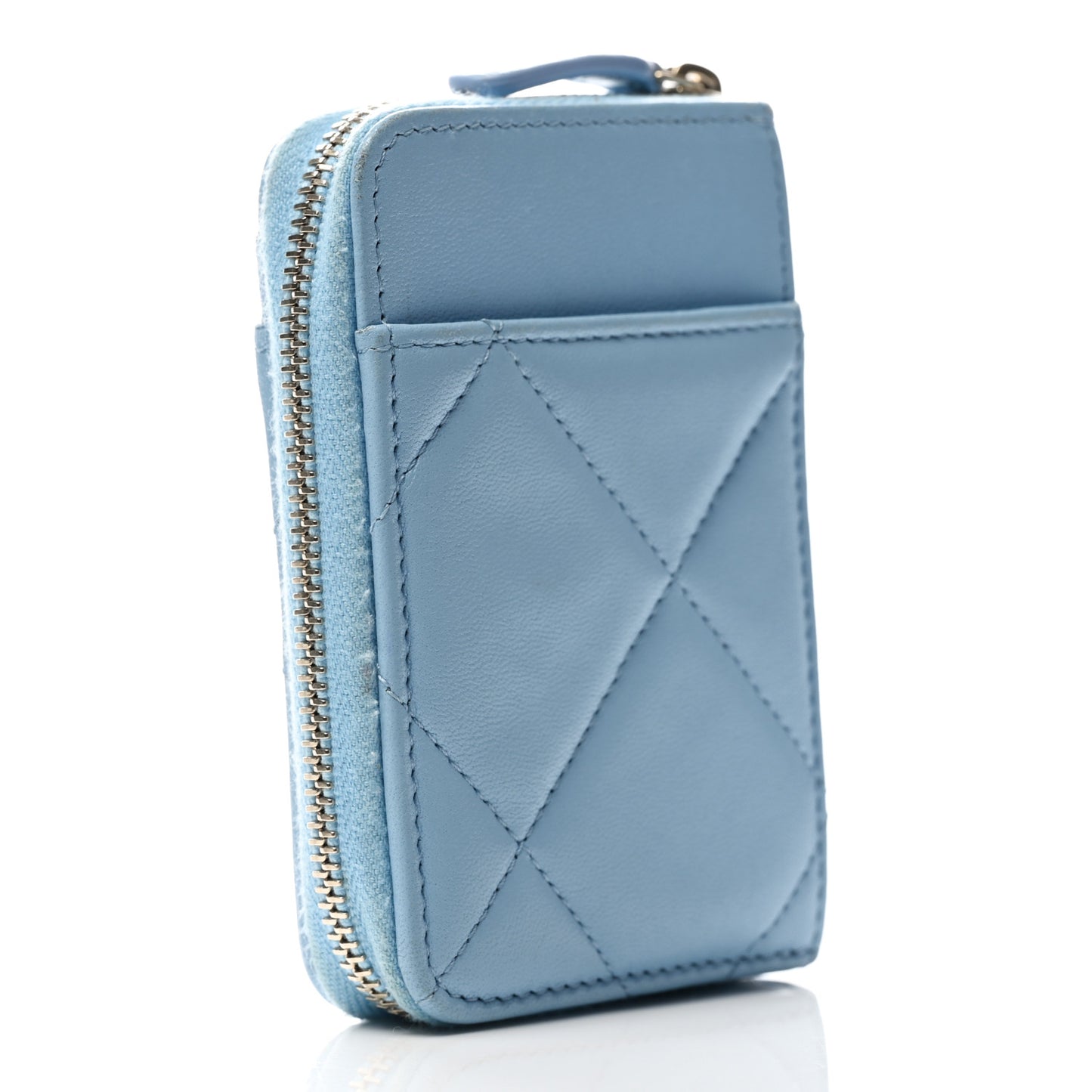 Lambskin Quilted Chanel 19 Vertical Zip Card Holder Wallet Light Blue