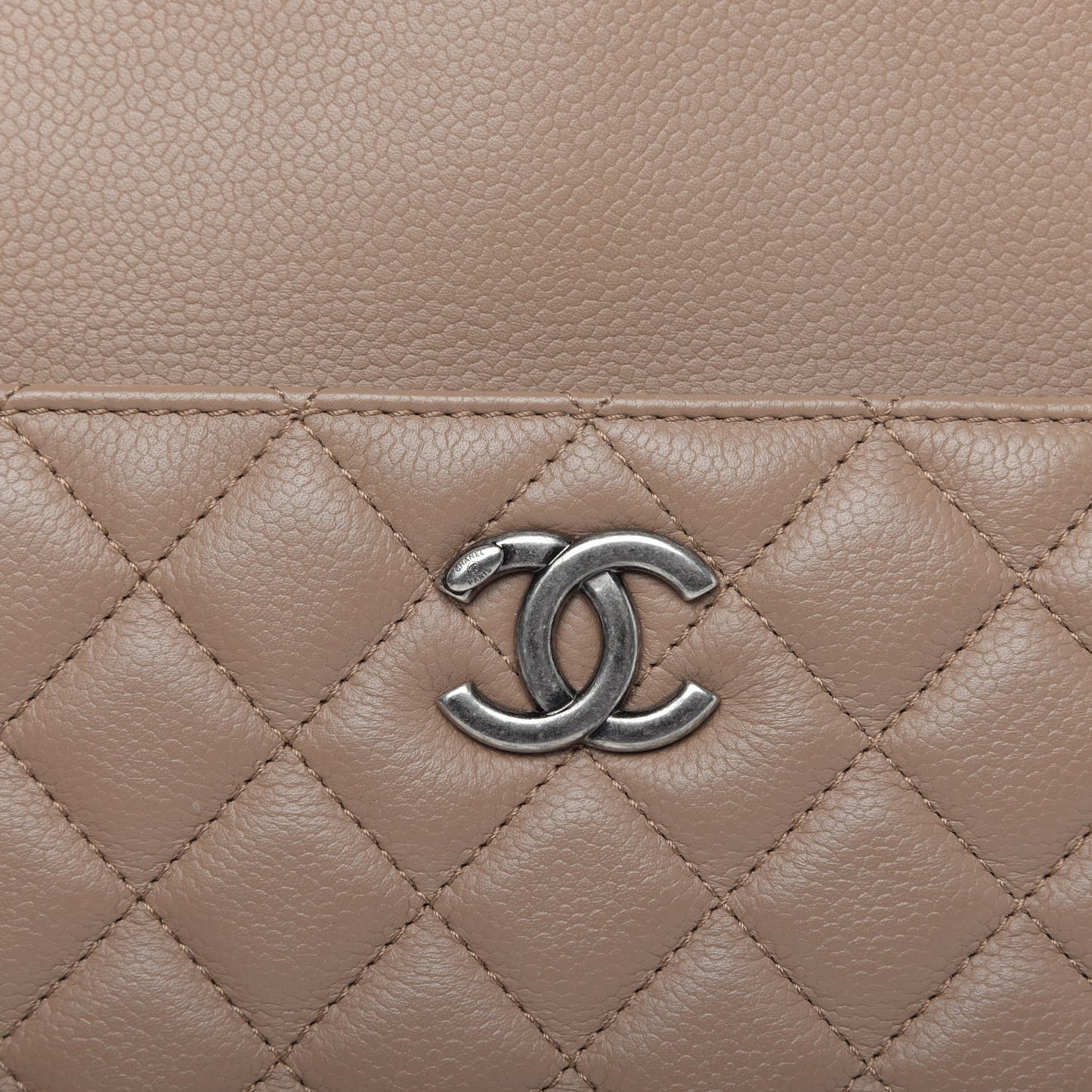 Grained Calfskin Quilted Large Zipped Shopping Tote Taupe