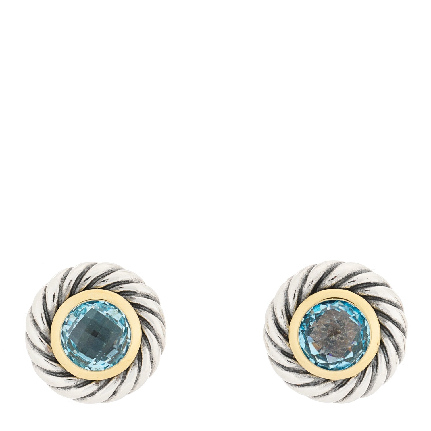 David Yurman Sterling Silver 18K Yellow Gold Blue Topaz Cookie Cable Earrings 1 of 4