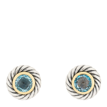 David Yurman Sterling Silver 18K Yellow Gold Blue Topaz Cookie Cable Earrings 1 of 4