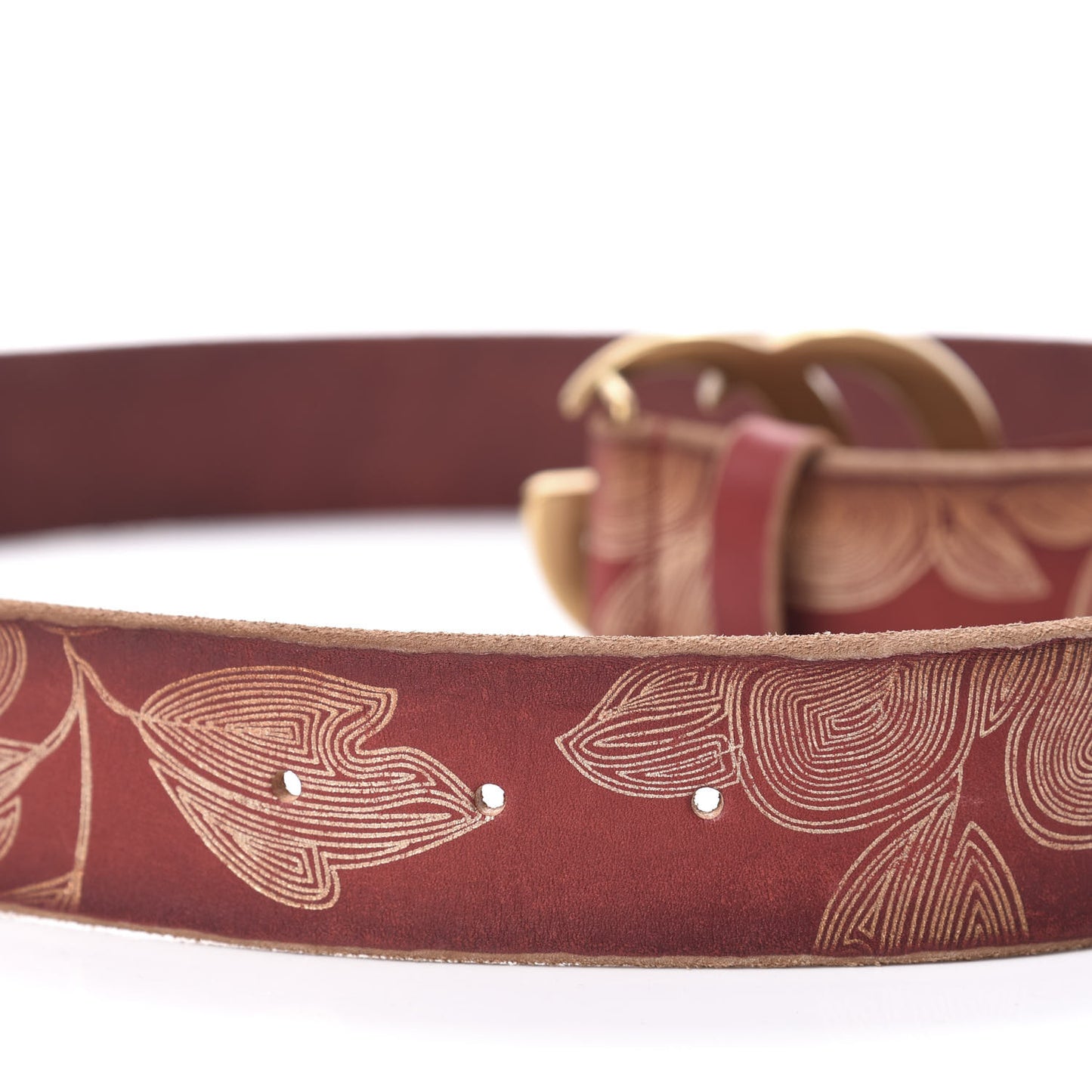 Faded Calfskin Leaf Print Double G 40mm Belt 95 38 Hibiscus Red Gold