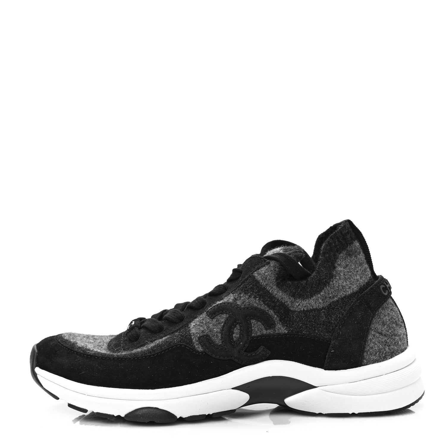 Chanel Knit Fabric Suede Calfskin Womens CC Sneakers 39.5 Grey Black 1 of 7