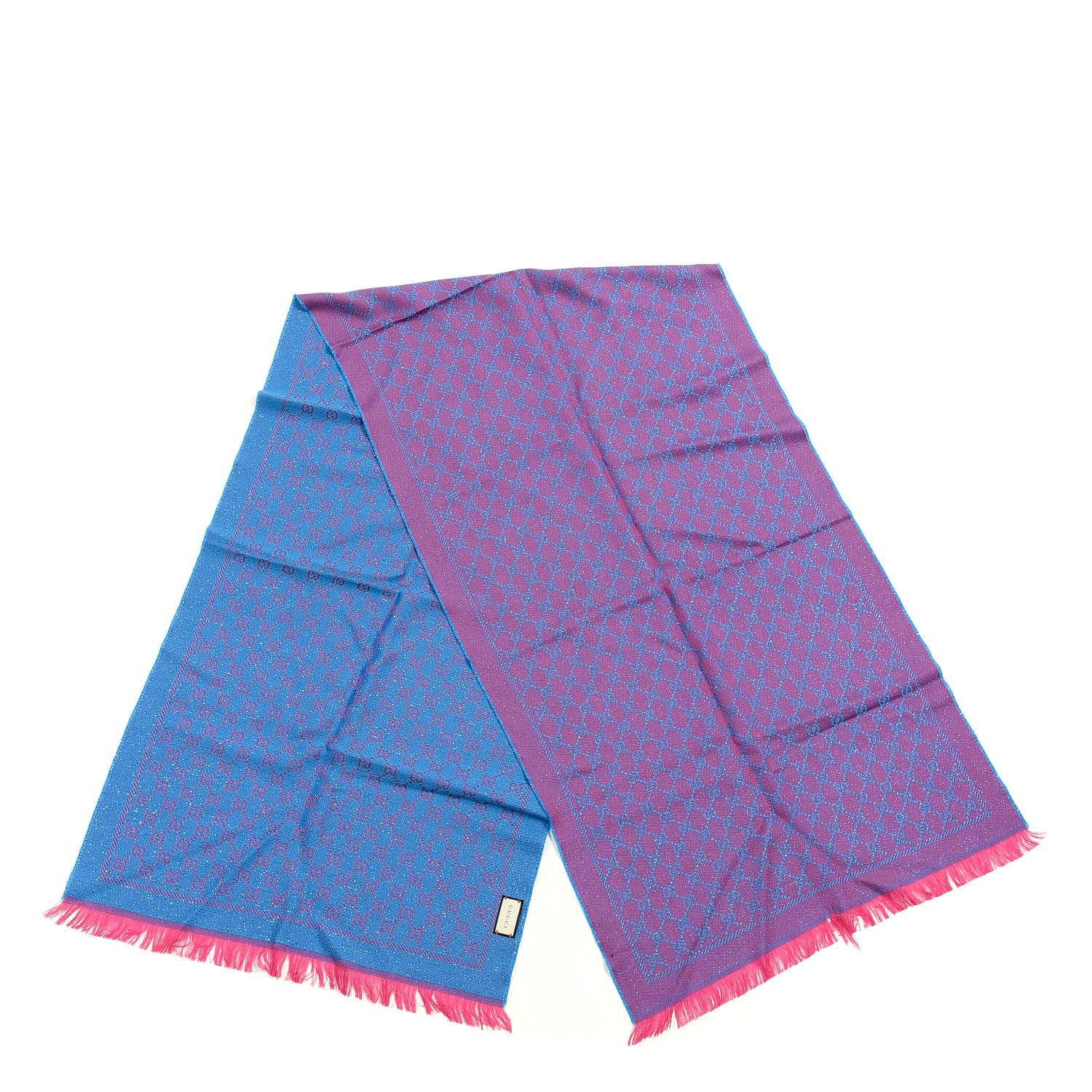 Gucci Wool Lame Jacquard GG Monogram Stenlux Scarf Fuxia Sky Blue 2 of 4