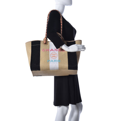 Chanel Straw Raffia Calfskin Striped Medium Deauville Tote Black Beige Ivory 5 of 18