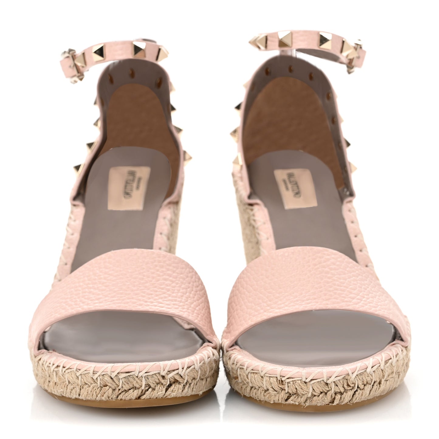 Grained Calfskin Rockstud Ankle Strap Espadrille 15/105mm Wedge Sandals 41 Rose Quartz Natural