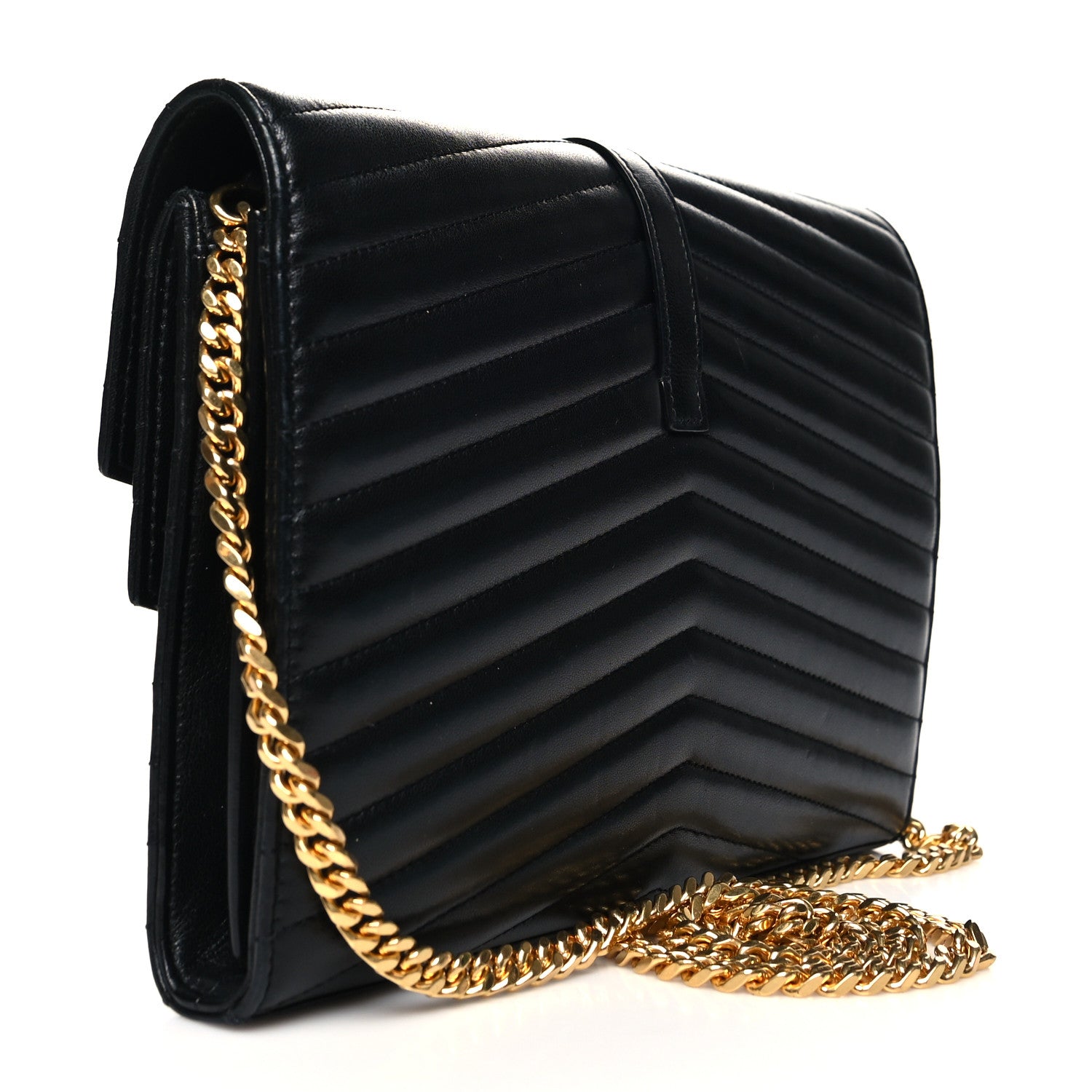 Saint Laurent Lambskin Matelasse Chevron Monogram Sulpice Chain Wallet Black 3 of 13