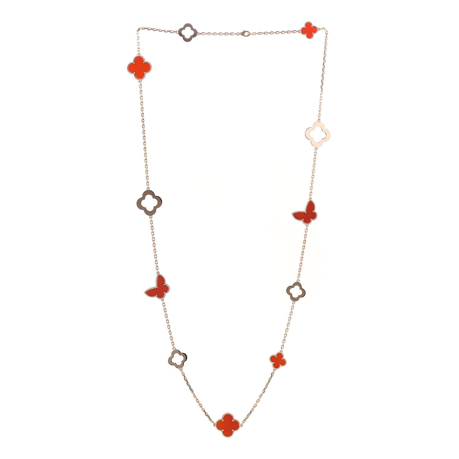 Van Cleef & Arpels 18K Rose Gold Carnelian Byzantine 11 Motif Butterfly Alhambra Necklace 3 of 8
