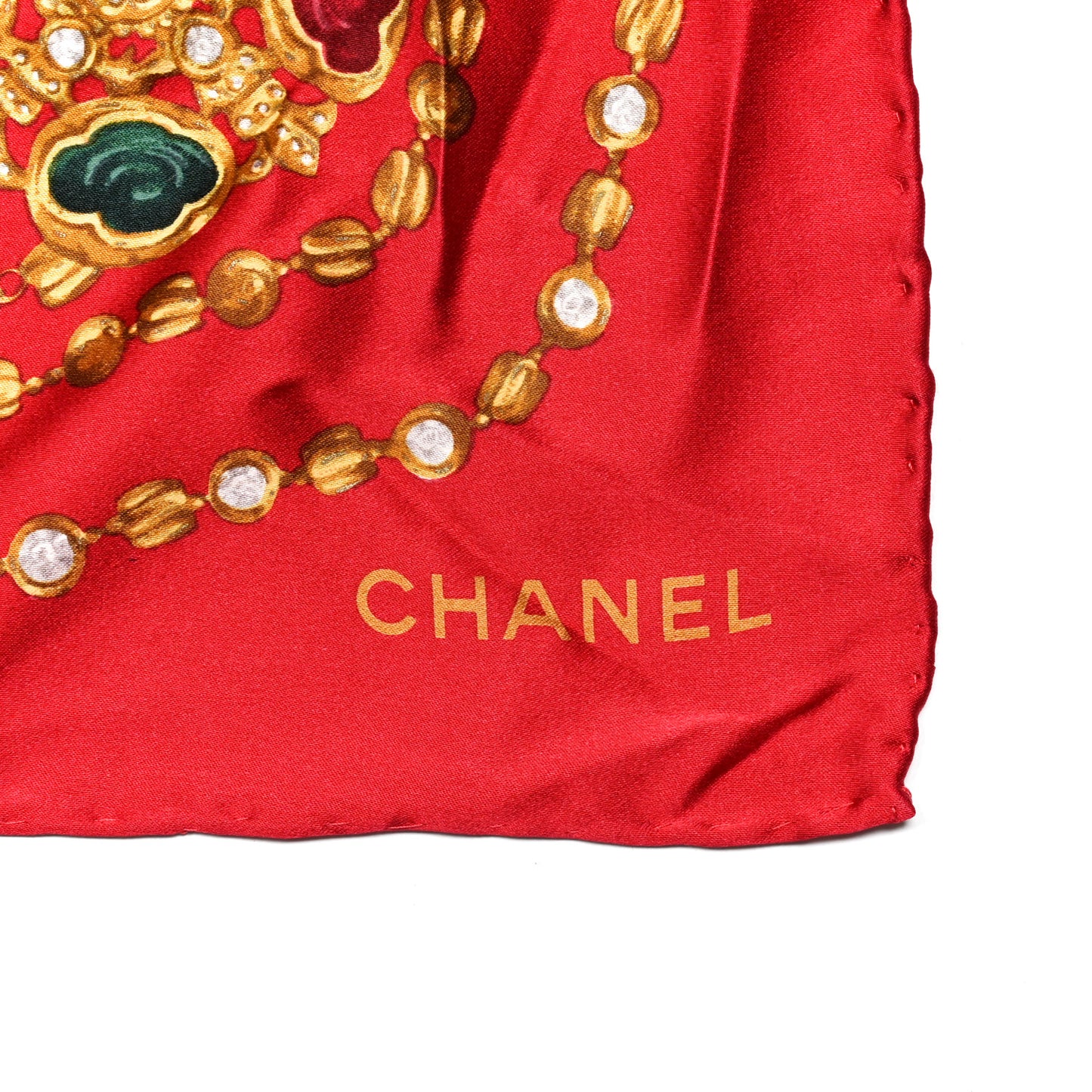 Silk Pearl Jewel Chain Print Scarf Red
