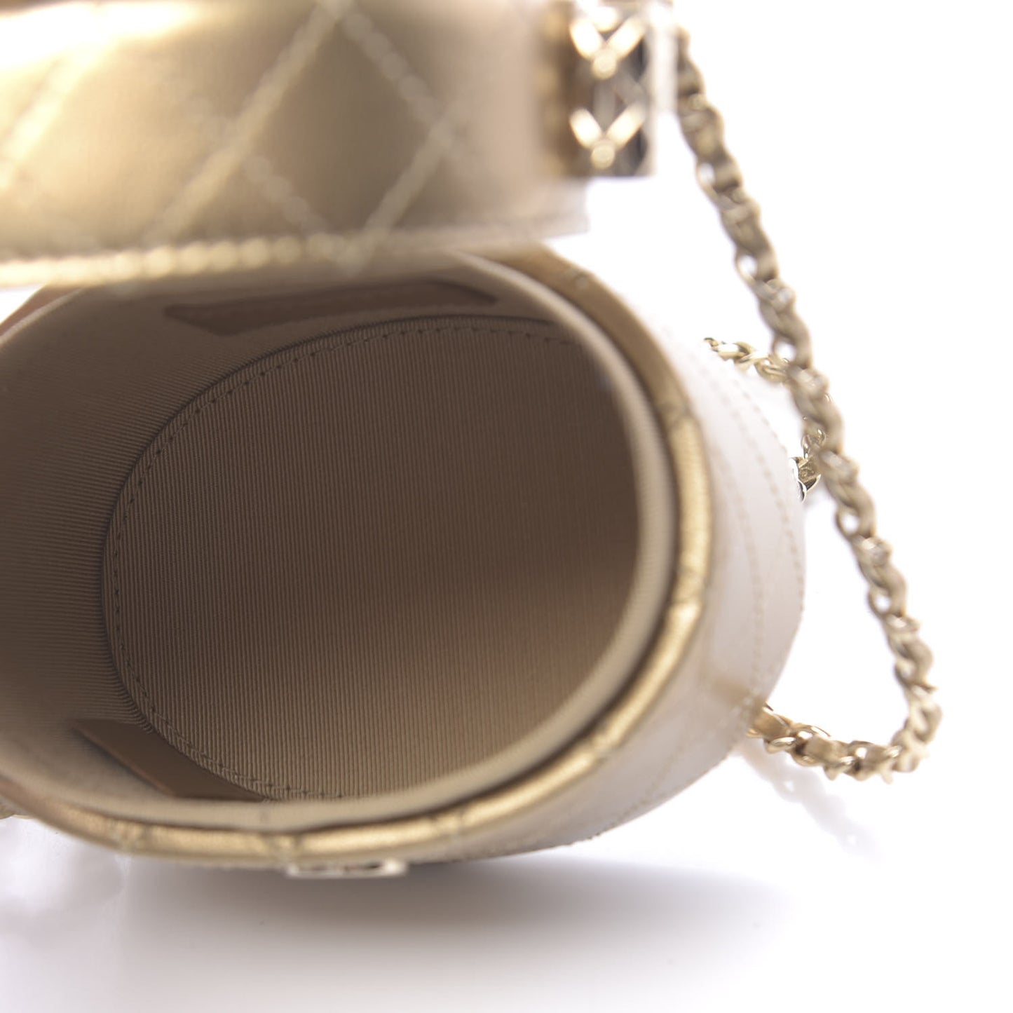 Metallic Lambskin Quilted Round Mini Vanity Case With Chain Gold