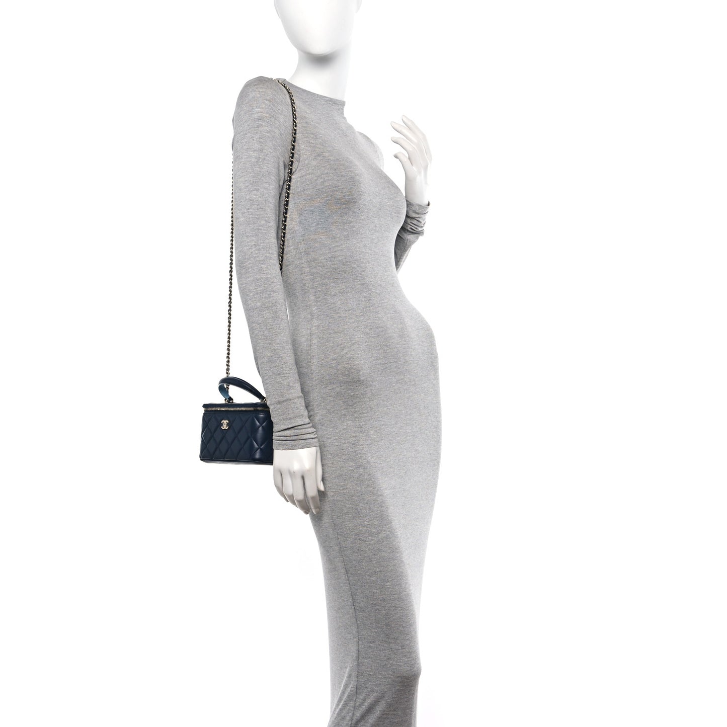 Lambskin Quilted Small Top Handle Vanity Case With Chain Dark Blue Light Blue