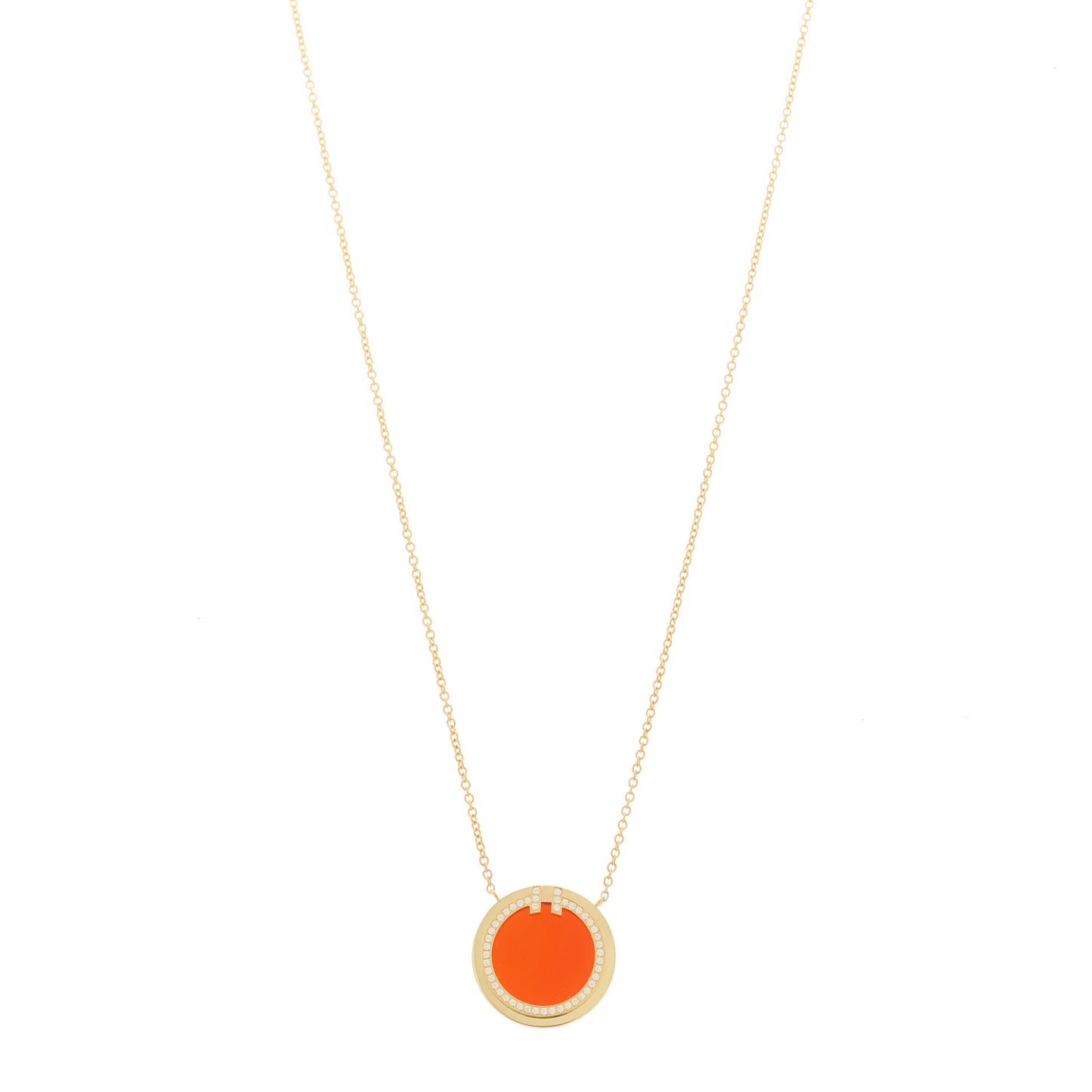 18K Yellow Gold Diamond Carnelian 8mm T Circle Pendant Necklace