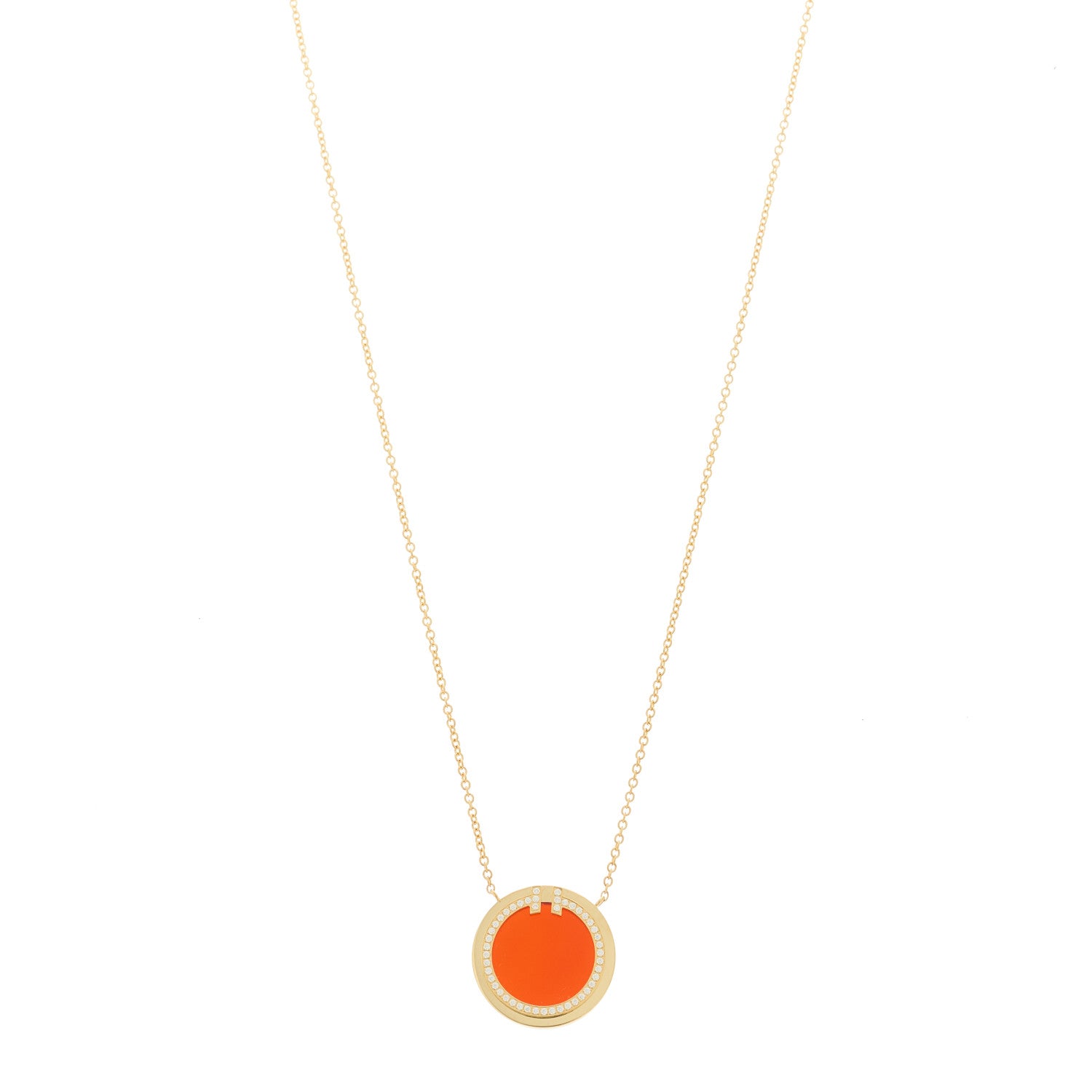 Tiffany 18K Yellow Gold Diamond Carnelian 8mm T Circle Pendant Necklace 1 of 6