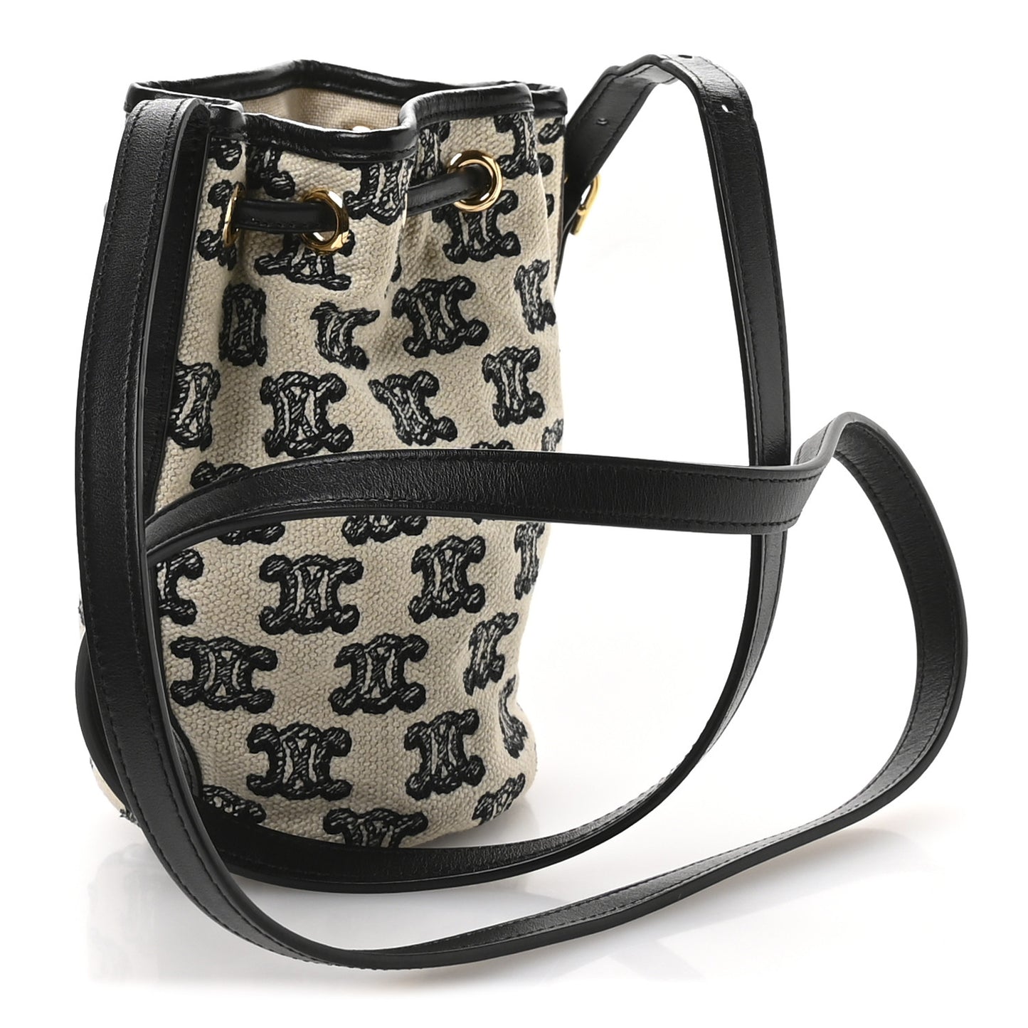 Triomphe Canvas Calfskin Micro Drawstring Bucket Bag  White Black