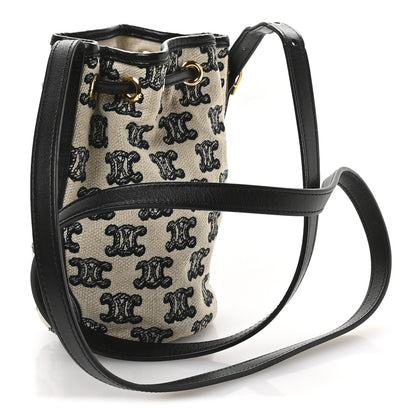 Celine Triomphe Canvas Calfskin Micro Drawstring Bucket Bag  White Black 2 of 9